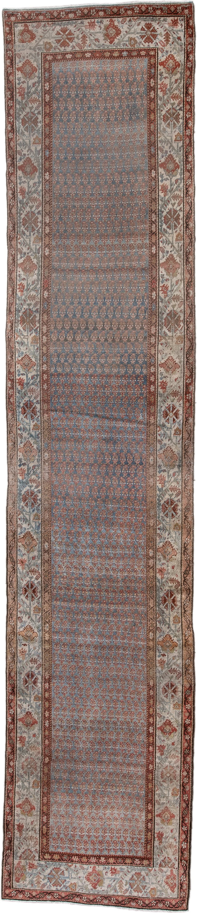 3' x 16' one-of-a-kind handmade antique Bidjar runner rug. Color palette: blue, ivory, rust, terracotta, taupe, slate, brown