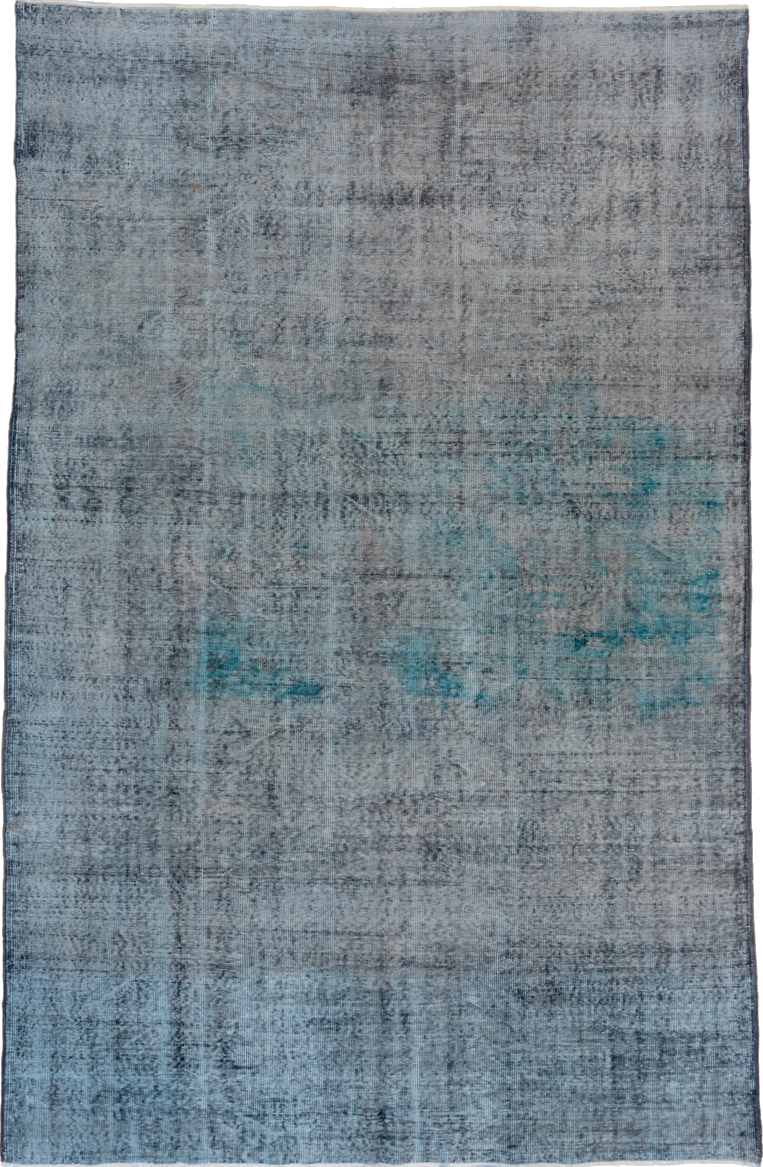 7' x 10' one-of-a-kind handmade vintage Overdyed large size rug. Color palette: blue, dark gray, dim gray, gray, light blue