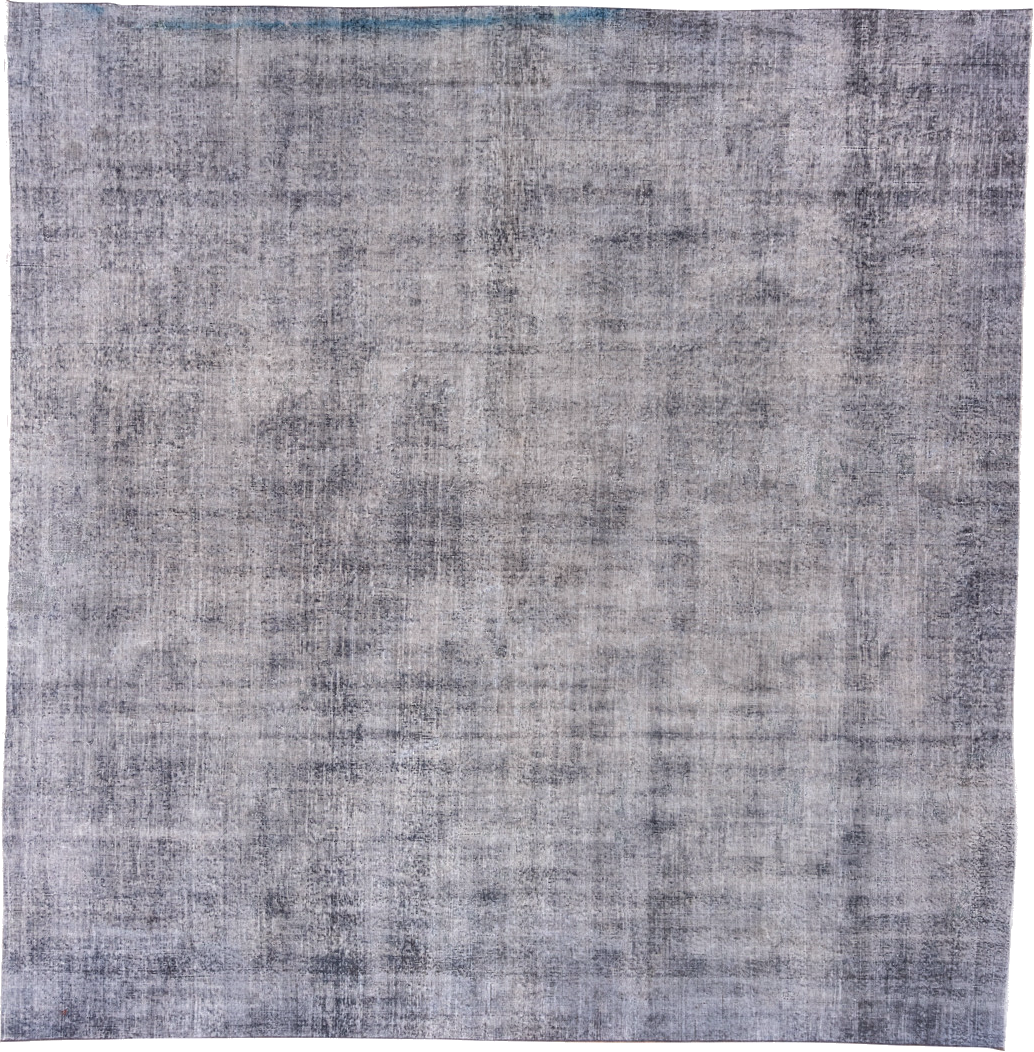 10' x 10' one-of-a-kind handmade vintage Overdyed large size rug. Color palette: blue, dark gray, gainsboro, gray