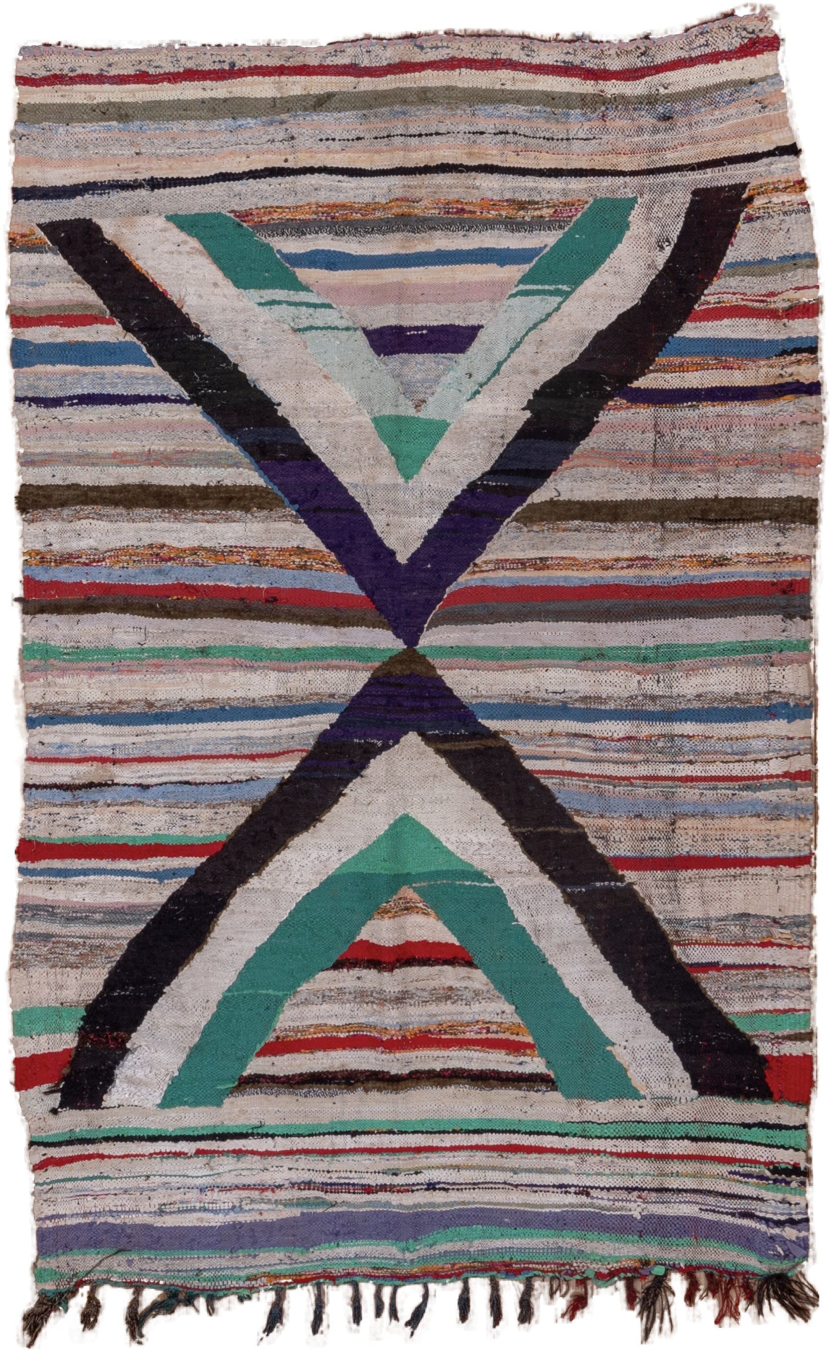 5' x 8' one-of-a-kind handmade vintage Rag Rug medium size rug. Color palette: ivory, black, teal, red, sky_blue, violet