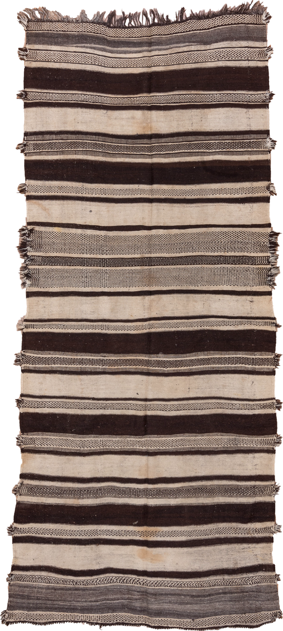 4' x 10' one-of-a-kind handmade vintage Blanket runner rug. Color palette: ivory, espresso, charcoal, taupe, brown, black