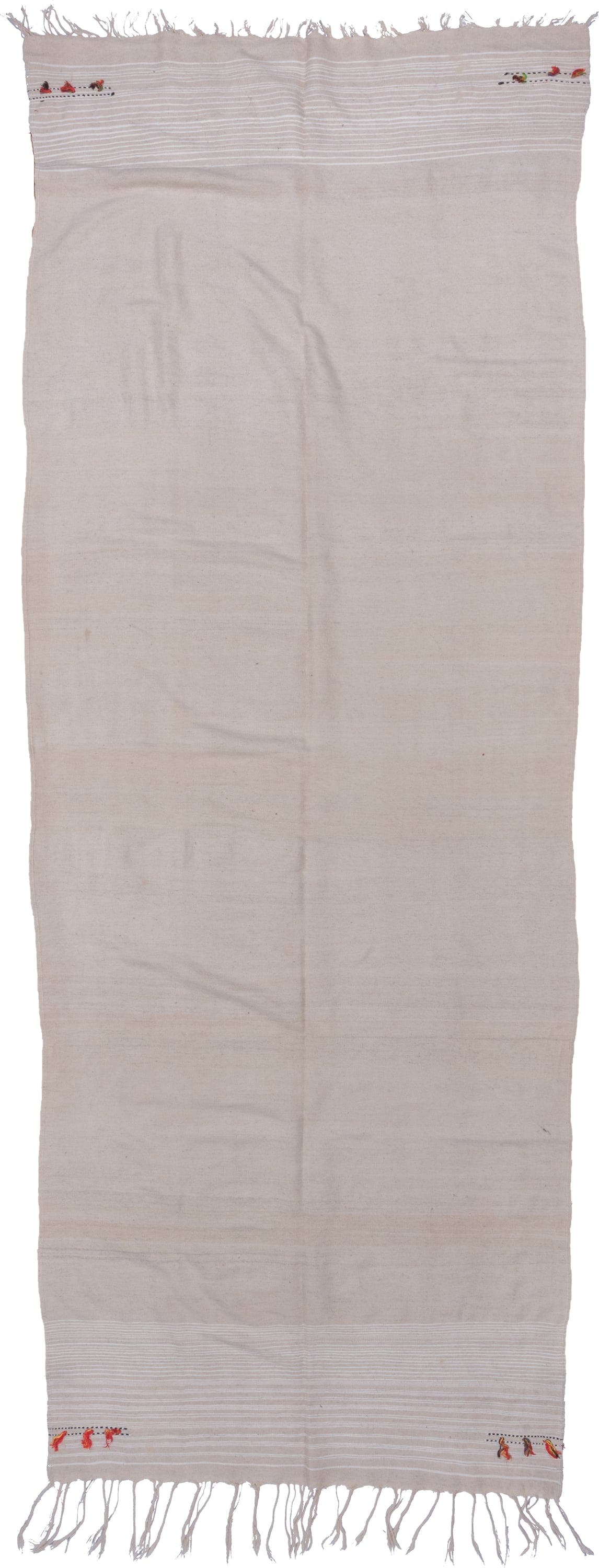 5' x 12' one-of-a-kind handmade vintage Blanket rug. Color palette: ivory, cream, taupe, coral, saffron, charcoal, beige