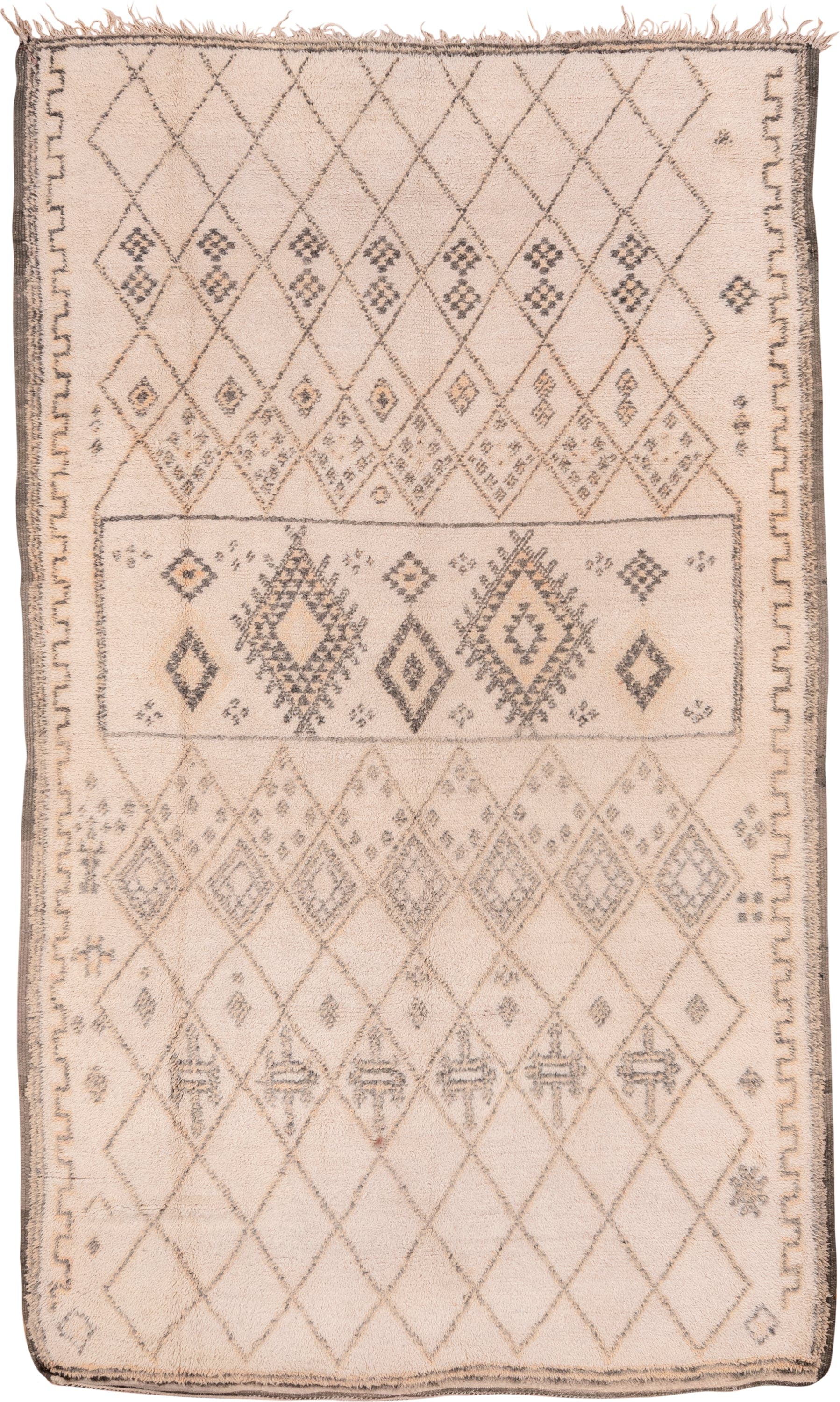 6' x 11' one-of-a-kind handmade vintage Moroccan large size rug. Color palette: ivory, charcoal, taupe, camel, gray, black