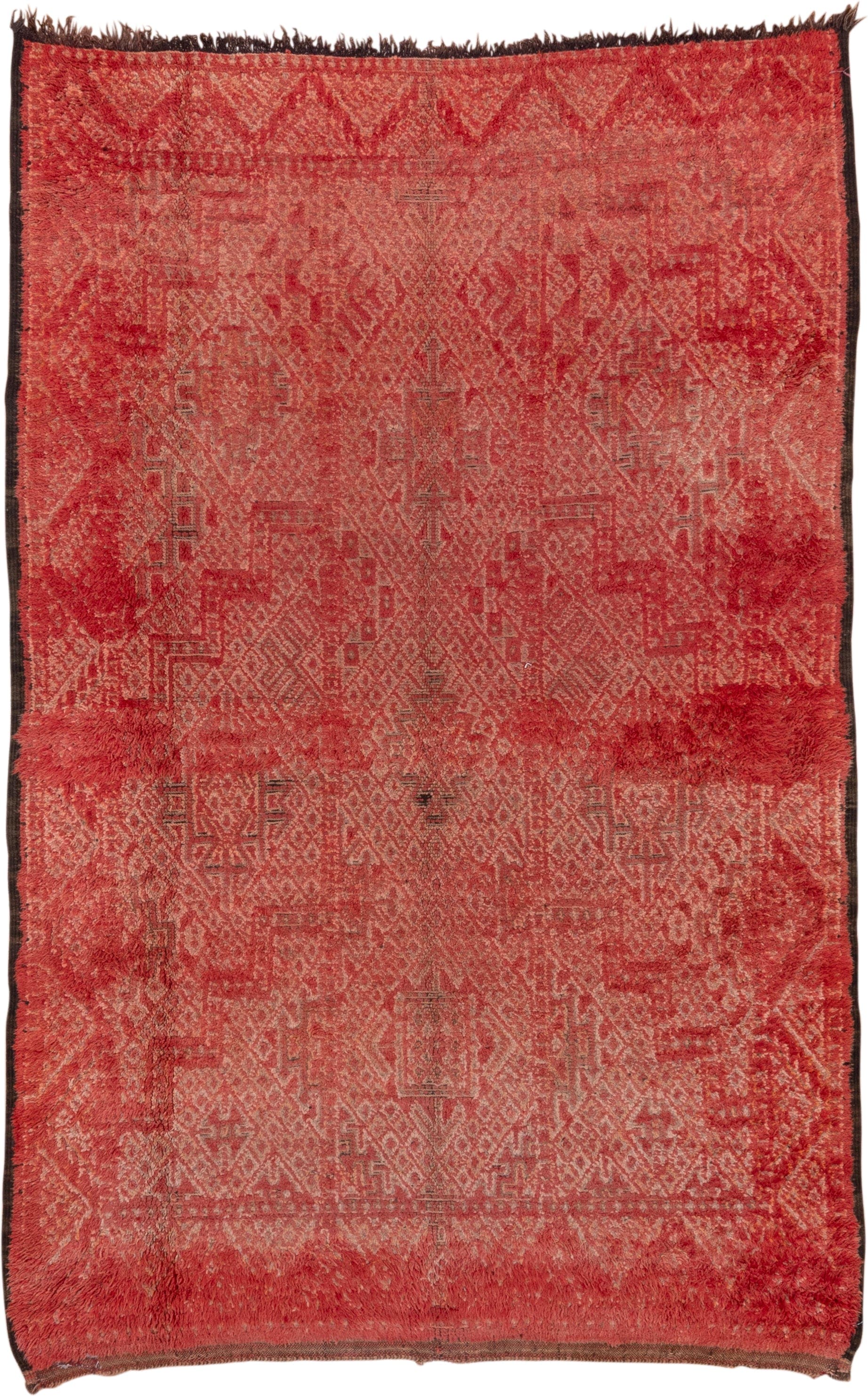 6' x 10' one-of-a-kind handmade vintage Moroccan large size rug. Color palette: rust, terra cotta, crimson, rose, charcoal