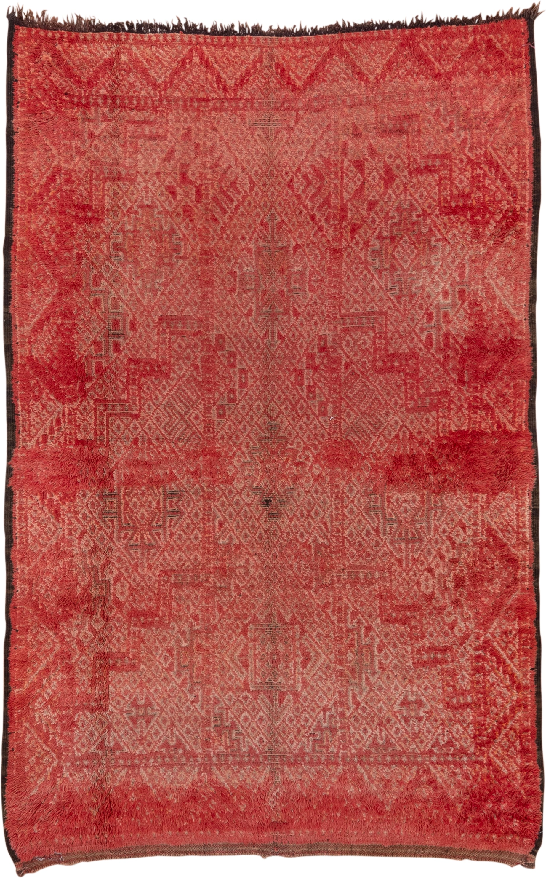 6' x 10' one-of-a-kind handmade vintage Moroccan large size rug. Color palette: rust, terra cotta, crimson, rose, charcoal