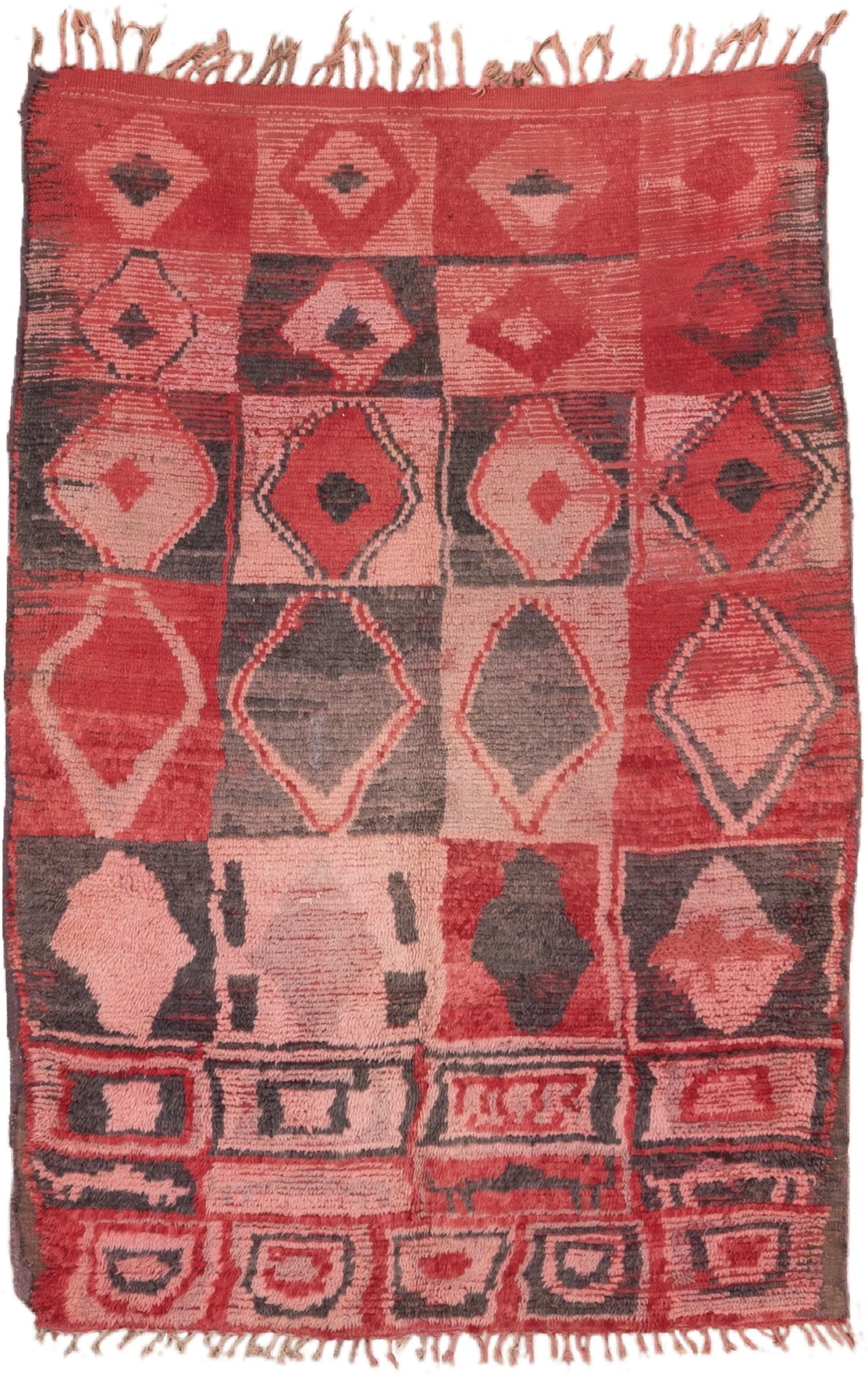5' x 6' one-of-a-kind handmade vintage Moroccan rug. Color palette: rose, crimson, charcoal, blush, terra cotta, pink, red