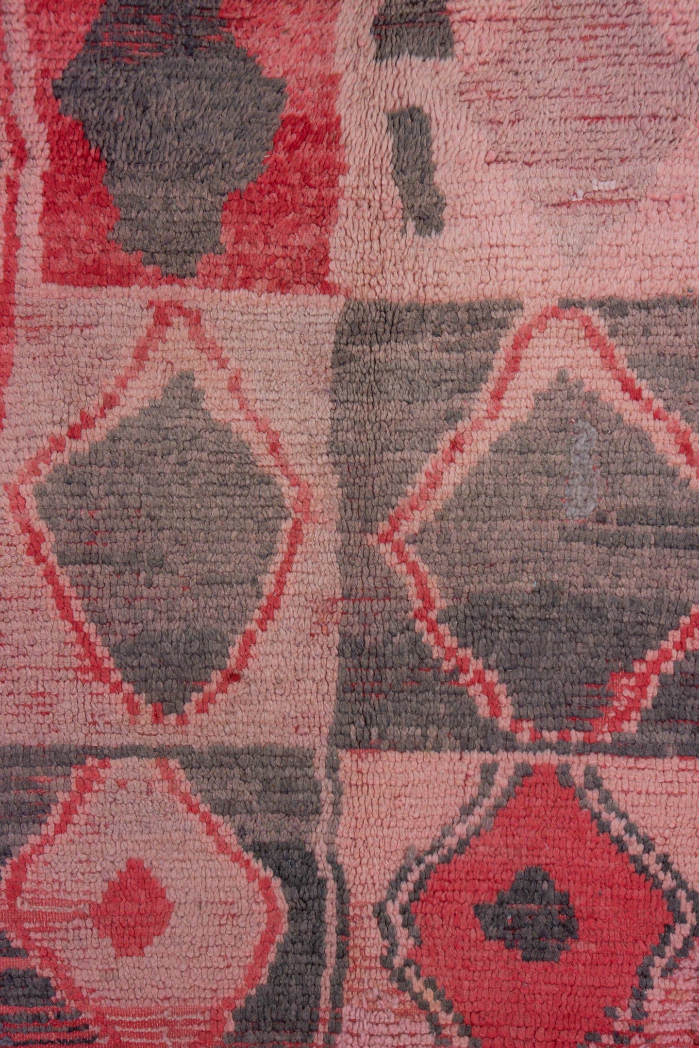 5' x 6' one-of-a-kind handmade vintage Moroccan rug. Color palette: rose, crimson, charcoal, blush, terra cotta, pink, red