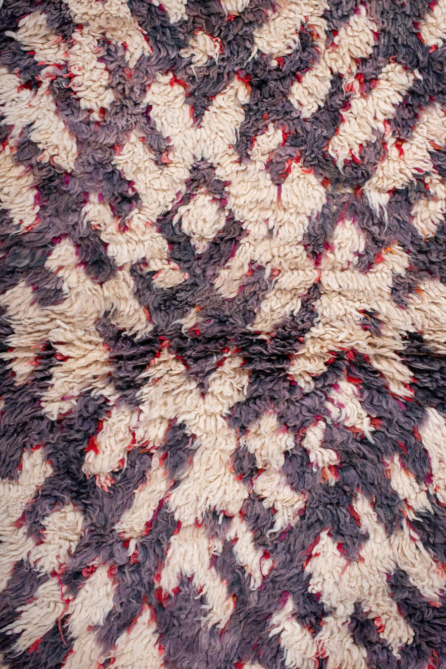 3' x 5' one-of-a-kind handmade vintage Moroccan small size rug. Color palette: ivory, plum, charcoal, crimson, rose, pink