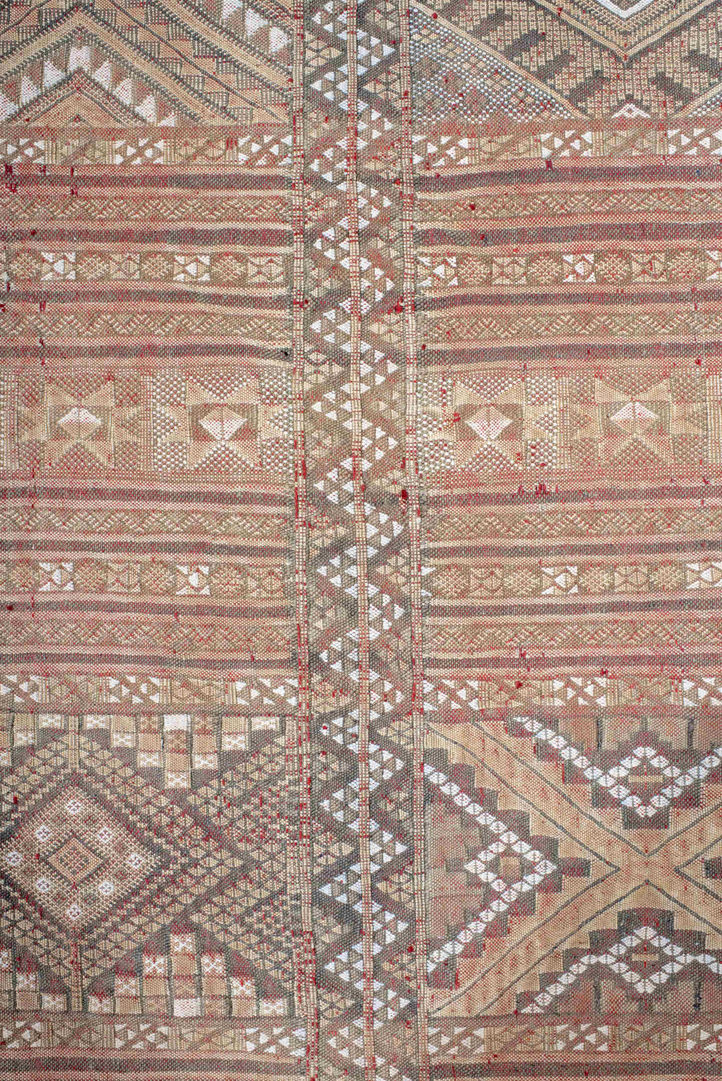 7' x 11' one-of-a-kind handmade vintage Kilim large size rug. Color palette: rose, ivory, taupe, dusty blue, rust, beige