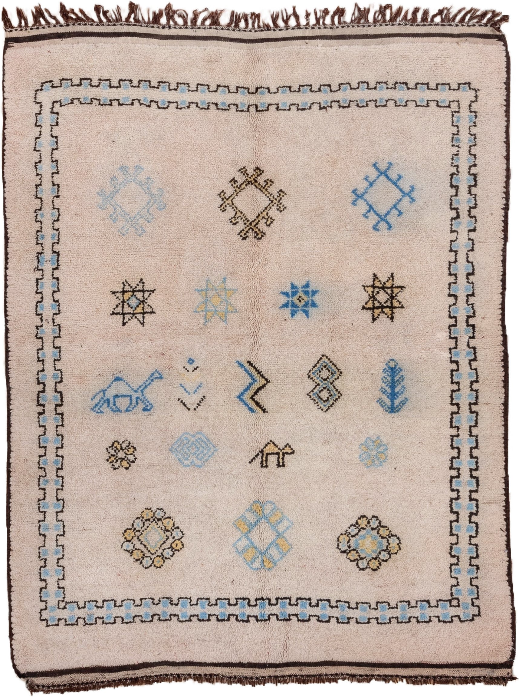 5' x 6' one-of-a-kind handmade vintage Moroccan rug. Color palette: ivory, brown, sky_blue, camel, pale_blue, light blue