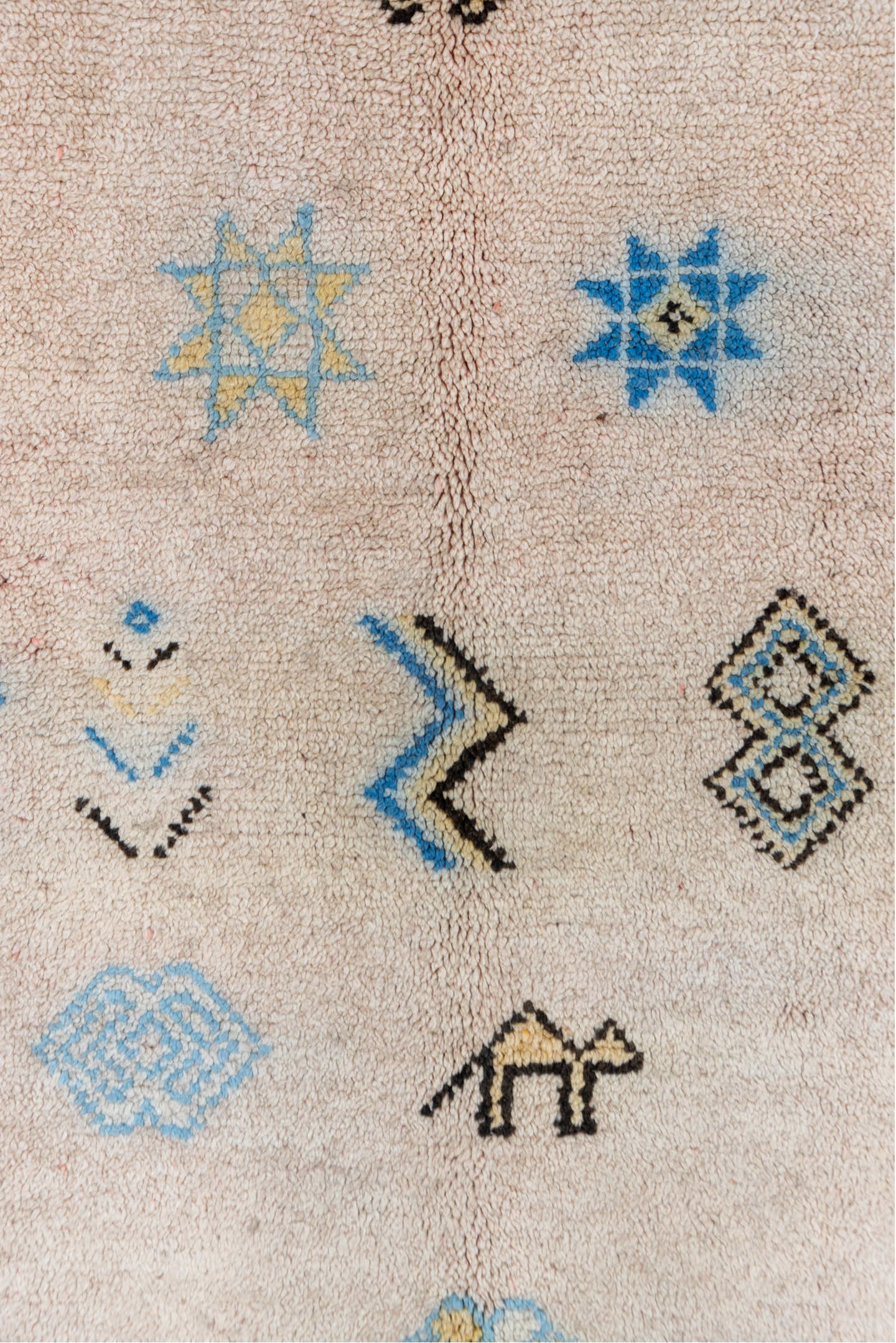 5' x 6' one-of-a-kind handmade vintage Moroccan rug. Color palette: blue, brown, dark gray, gray, light gray