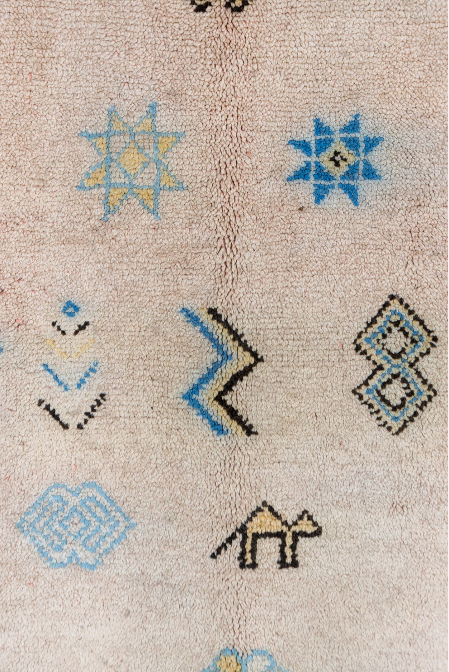 5' x 6' one-of-a-kind handmade vintage Moroccan rug. Color palette: blue, brown, dark gray, gray, light gray