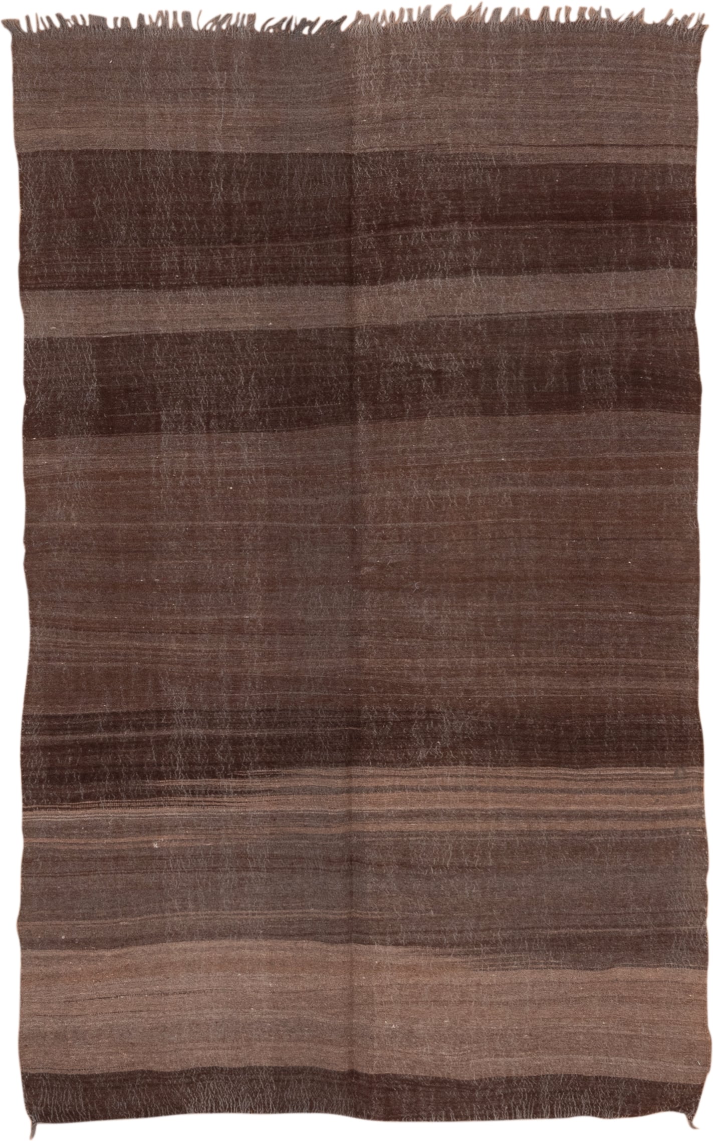 4' x 6' one-of-a-kind handmade vintage Blanket small size rug. Color palette: brown, taupe, charcoal, camel, beige, gray