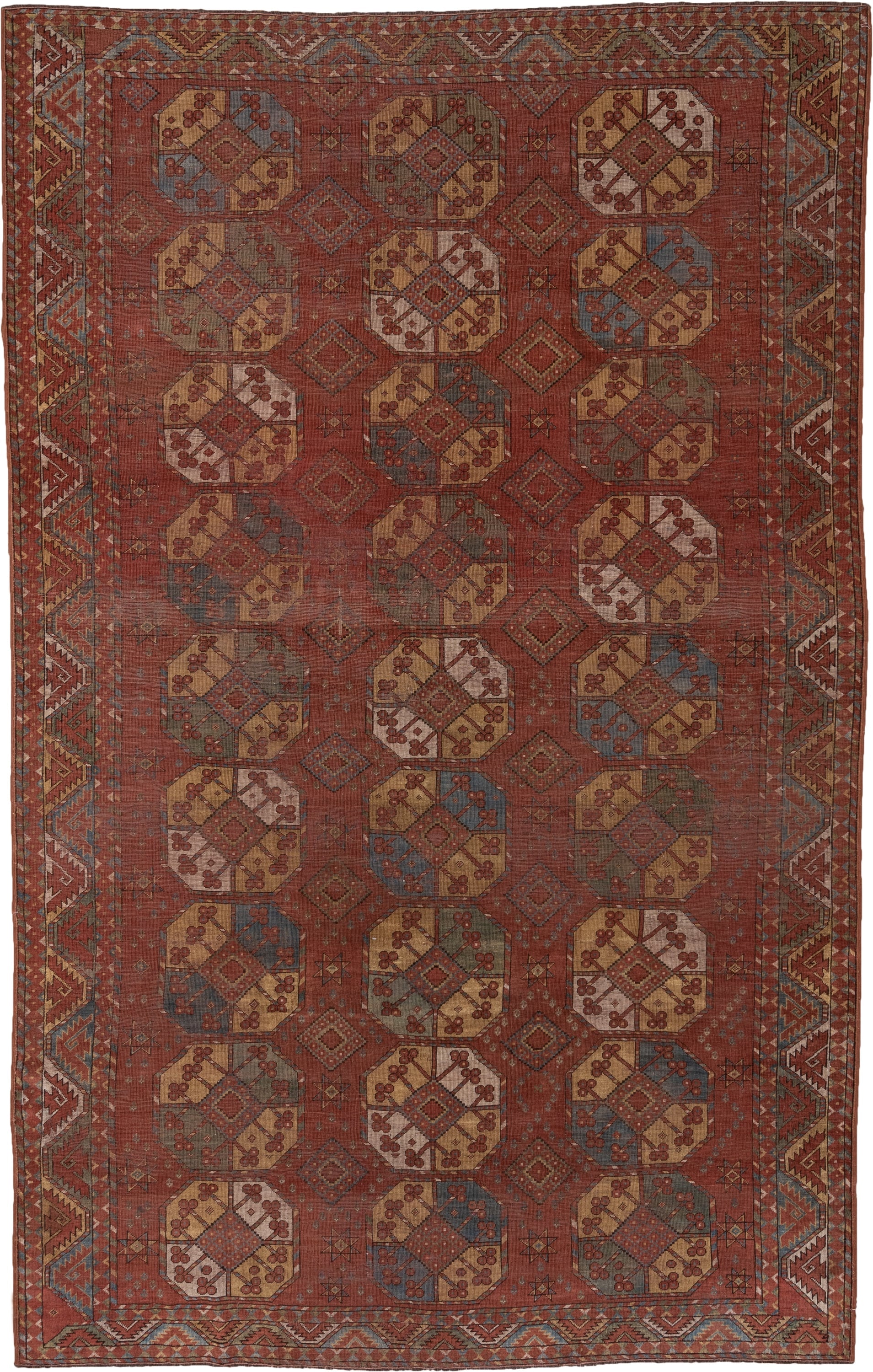 7' x 11' one-of-a-kind handmade antique Afghan large size rug. Color palette: rust, terra cotta, camel, ivory, slate blue