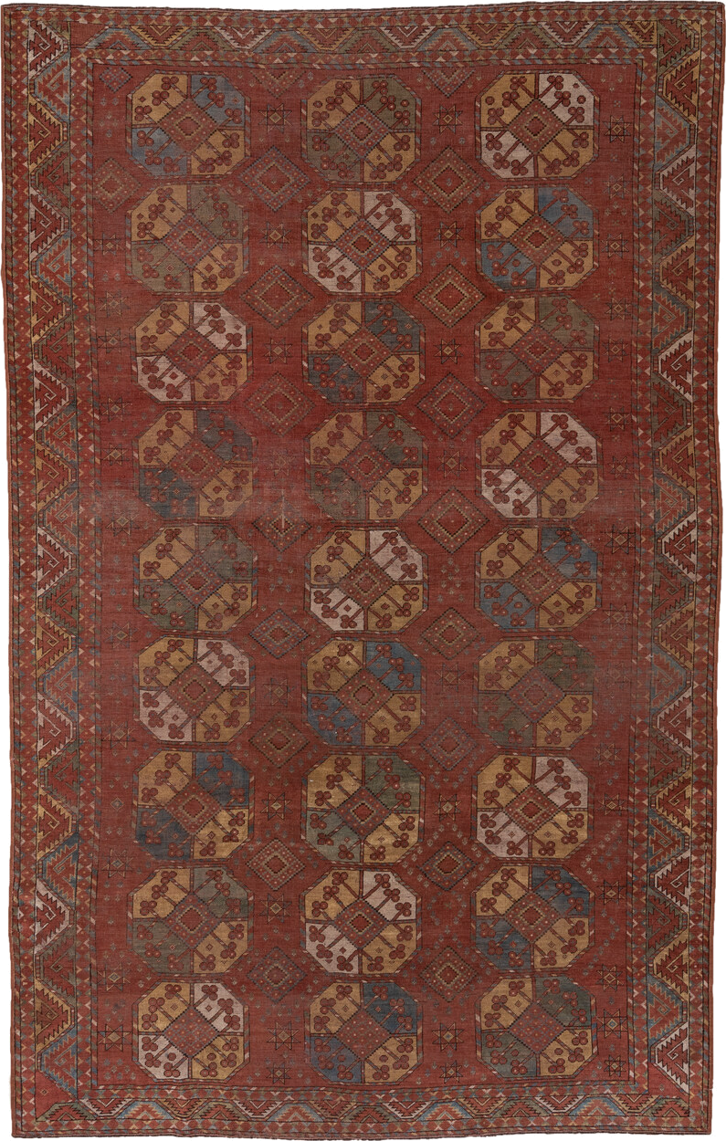 7' x 11' one-of-a-kind handmade vintage Afghan large size rug. Color palette: brown, gray, pink, red