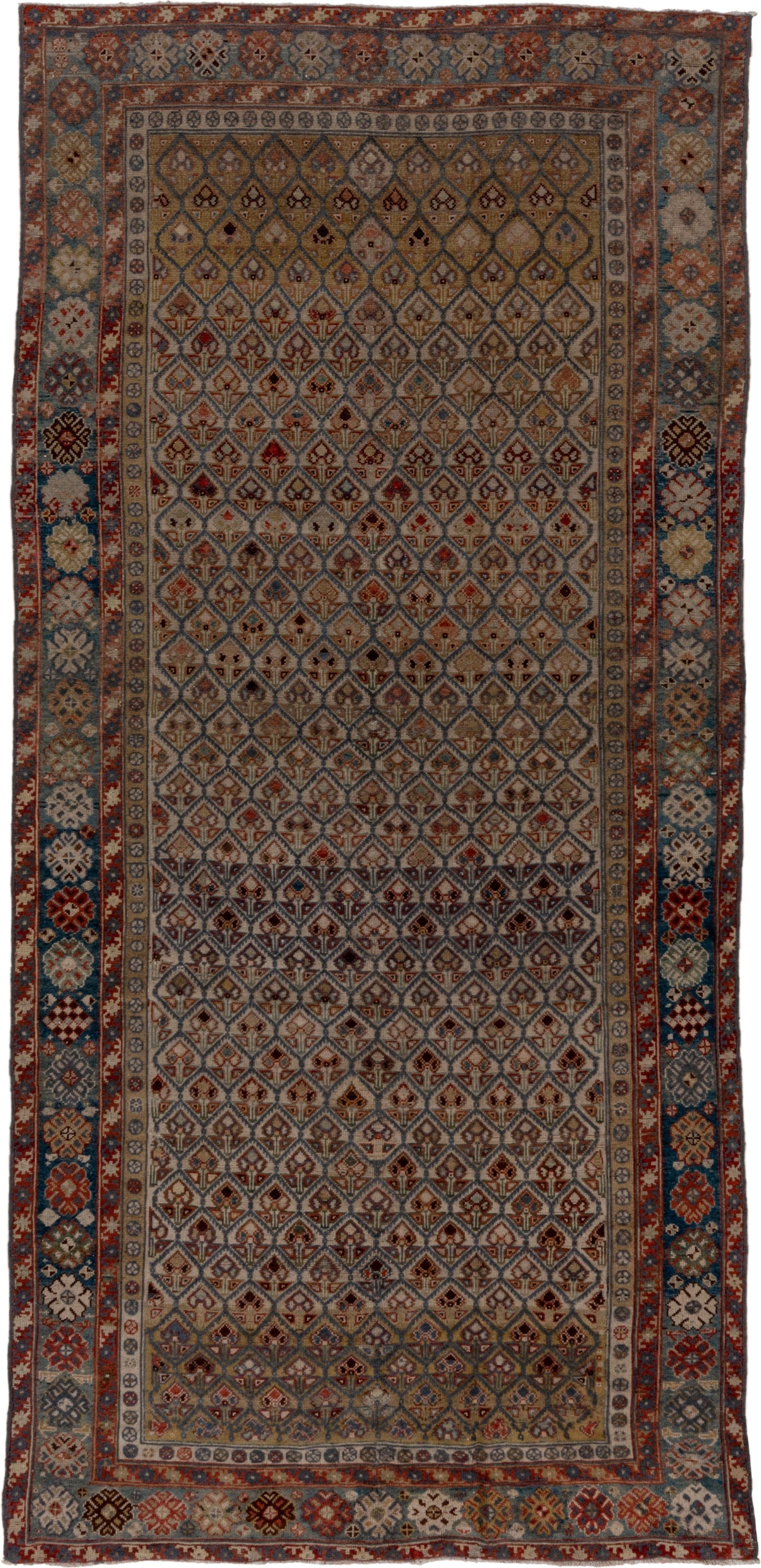 5' x 12' one-of-a-kind handmade antique NW Persian rug. Color palette: camel, ivory, slate, rust, blue, taupe, charcoal