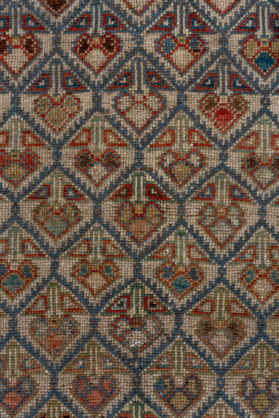 5' x 12' one-of-a-kind handmade antique NW Persian rug. Color palette: camel, ivory, slate, rust, blue, taupe, charcoal