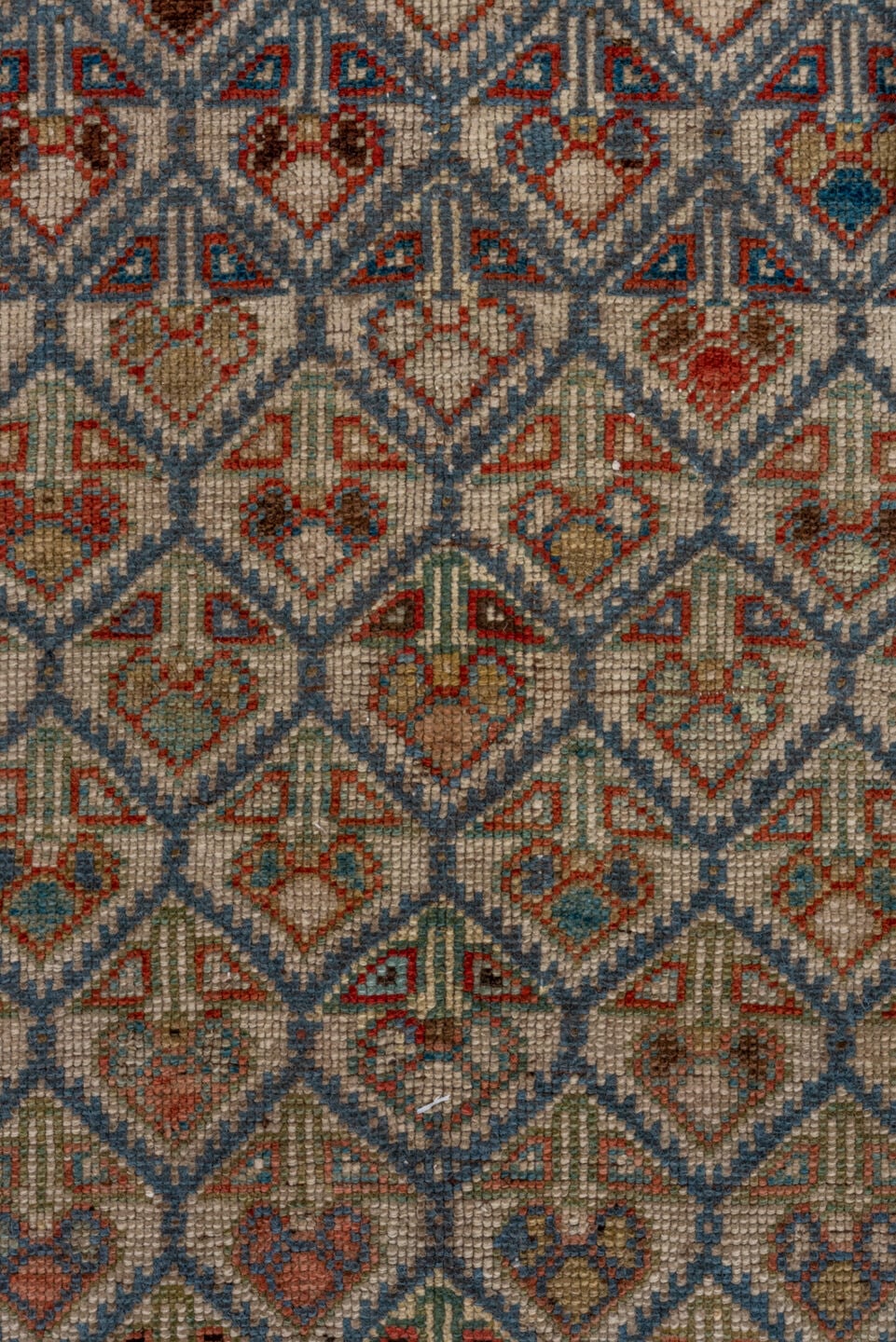 5' x 12' one-of-a-kind handmade antique NW Persian rug. Color palette: camel, ivory, slate, rust, blue, taupe, charcoal