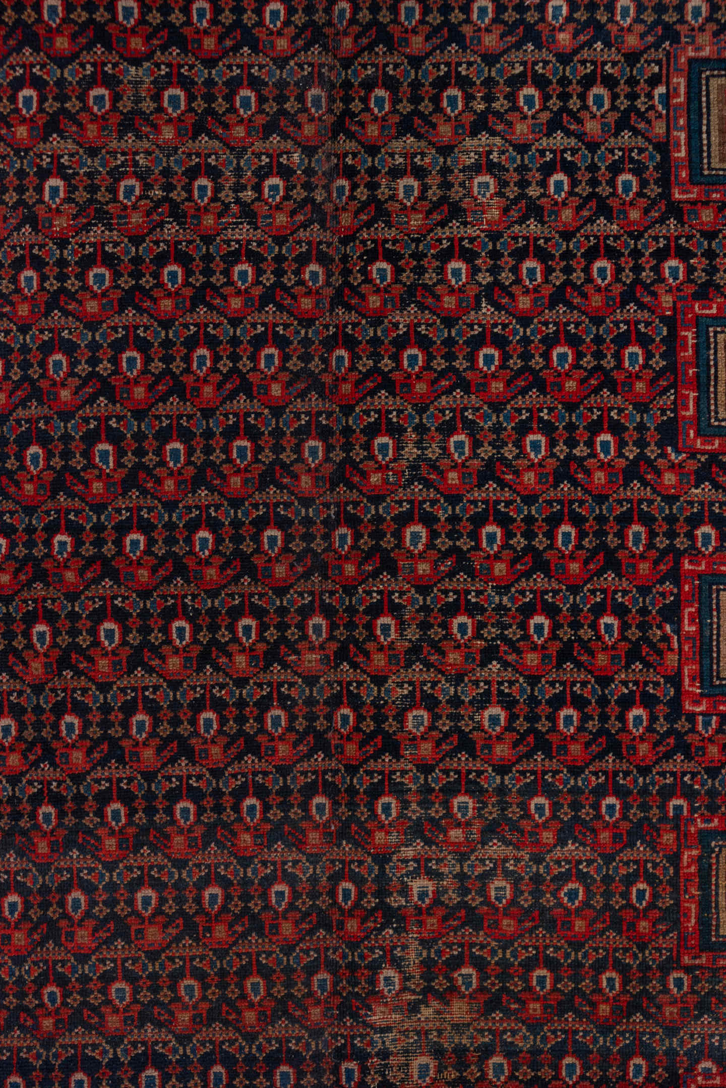 5' x 11' one-of-a-kind handmade vintage Malayer rug. Color palette: indigo, rust, ivory, crimson, navy, rose, camel, purple