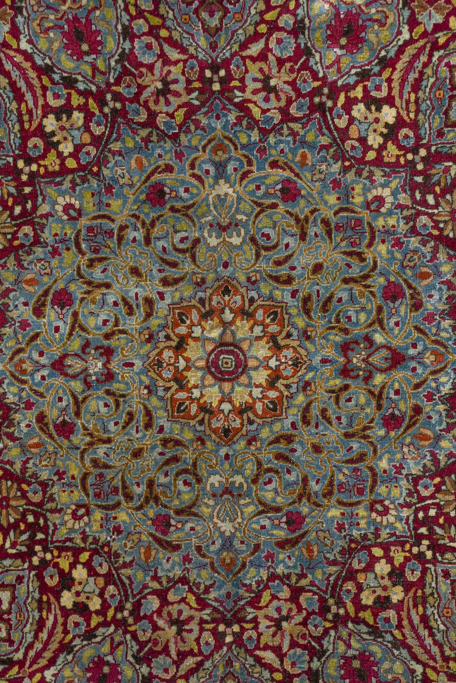 11' x 17' one-of-a-kind handmade antique Kerman oversize rug. Color palette: burgundy, sky blue, ivory, gold, rose, camel