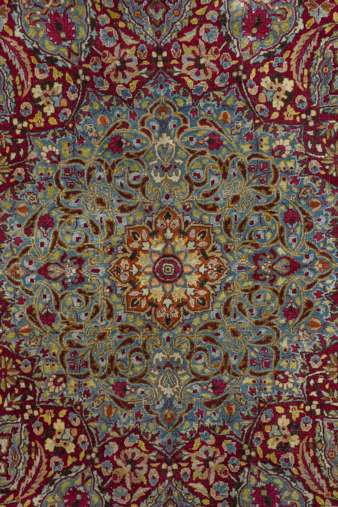 11' x 17' one-of-a-kind handmade antique Kerman oversize rug. Color palette: burgundy, sky blue, ivory, gold, rose, camel