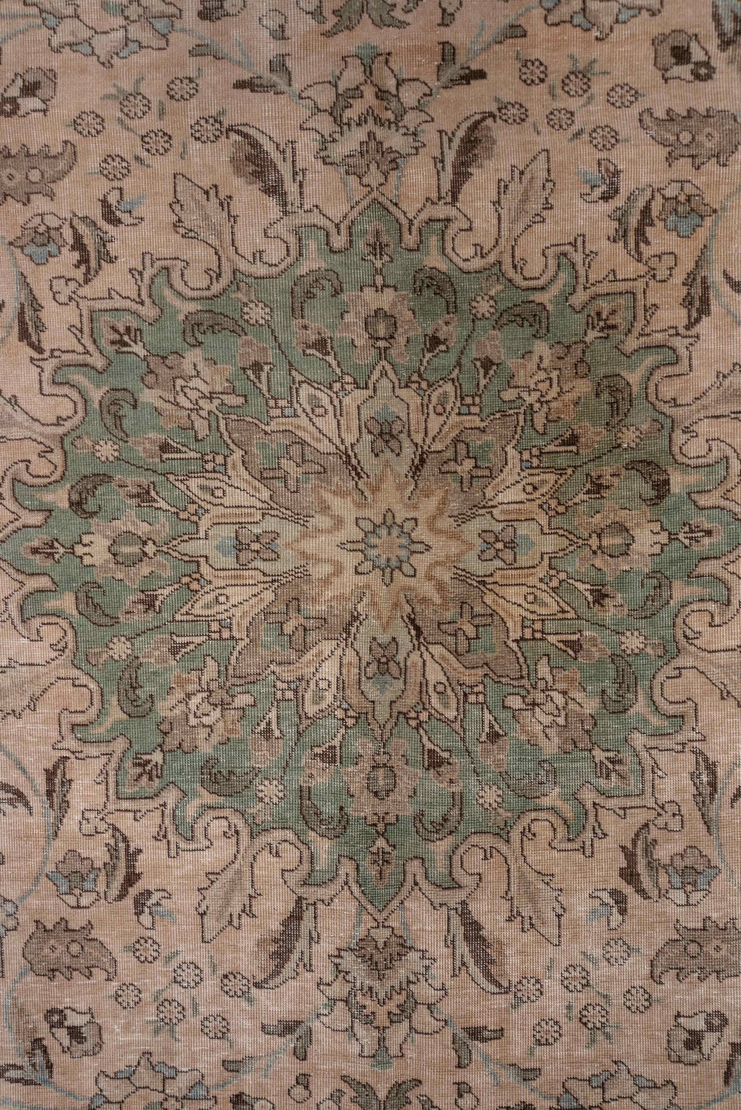 9' x 12' one-of-a-kind handmade antique Tabriz large size rug. Color palette: taupe, ivory, sage, pale blue, brown, beige