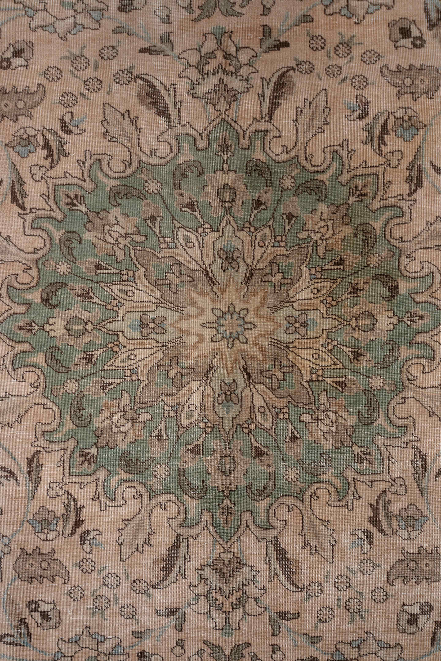9' x 12' one-of-a-kind handmade antique Tabriz large size rug. Color palette: taupe, ivory, sage, pale blue, brown, beige