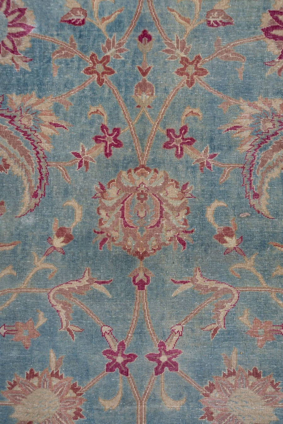 11' x 17' one-of-a-kind handmade antique Sivas oversize rug. Color palette: dusty blue, rose, ivory, blush, taupe, sage