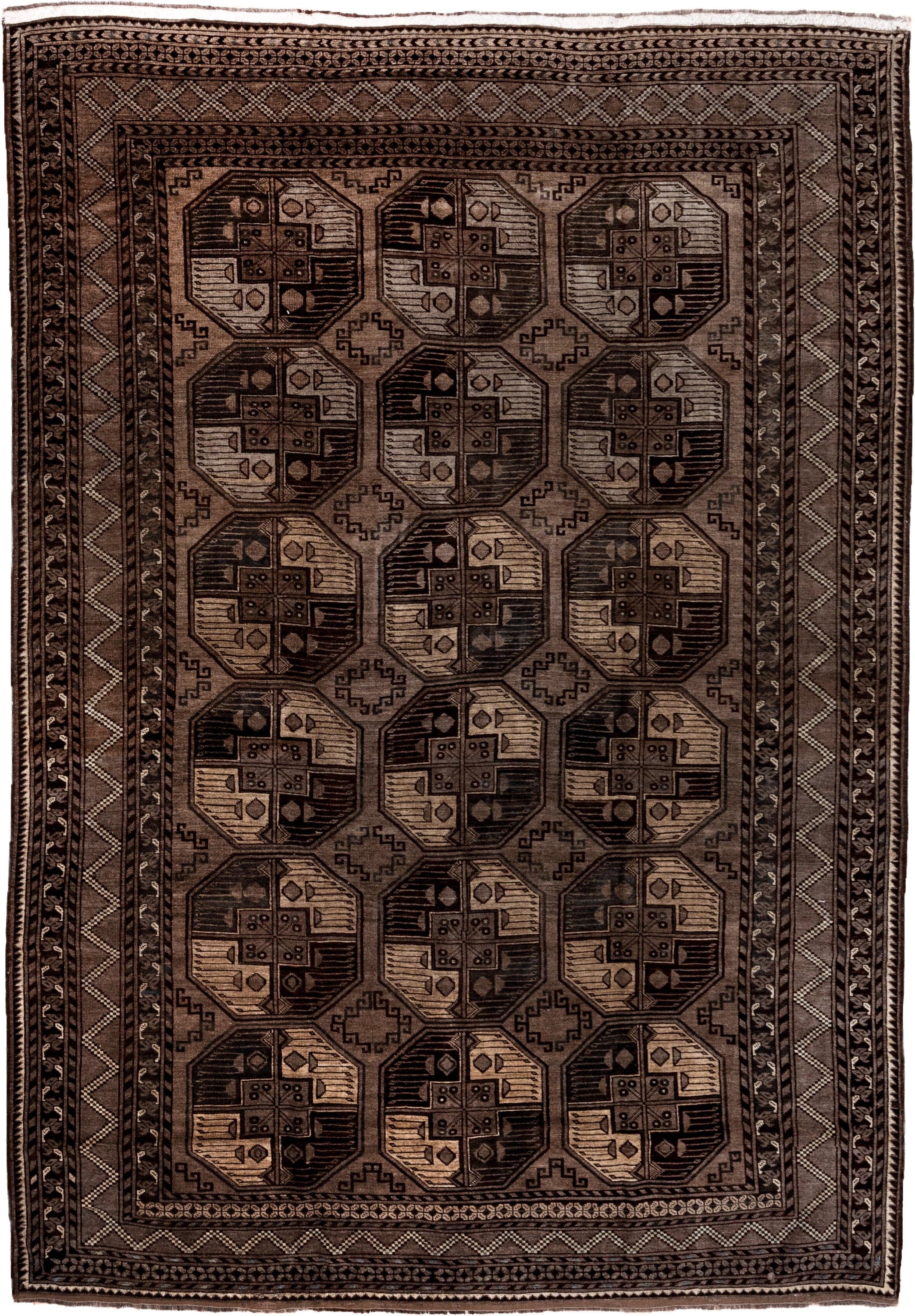 7' x 10' one-of-a-kind handmade antique Afghan large size rug. Color palette: brown, taupe, camel, ebony, ivory, beige, gray