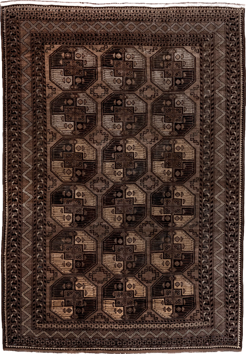 7' x 10' one-of-a-kind handmade vintage Afghan large size rug. Color palette: black, brown, gray, light gray, off-white