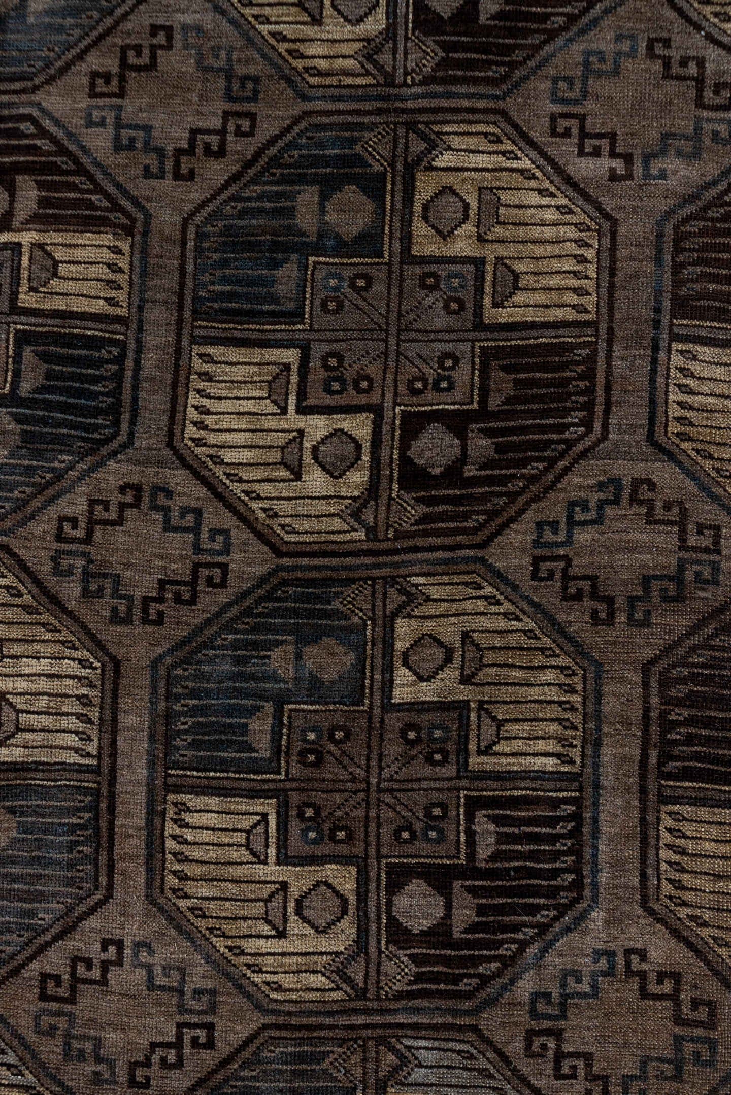 7' x 10' one-of-a-kind handmade antique Afghan large size rug. Color palette: brown, taupe, camel, ebony, ivory, beige, gray
