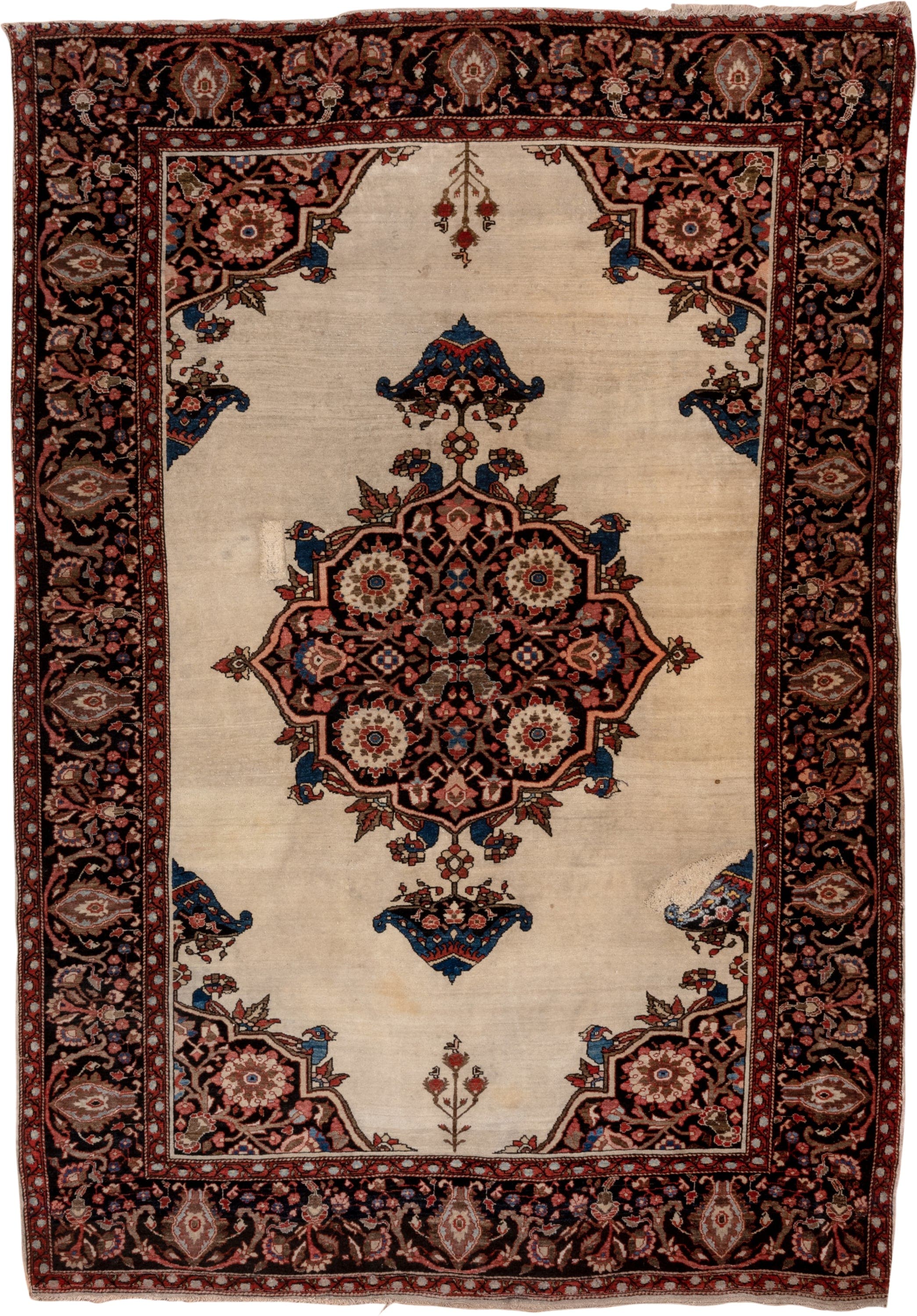 4' x 6' one-of-a-kind handmade vintage Far.Sarouk small size rug. Color palette: ivory, navy, rust, rose, burgundy, camel