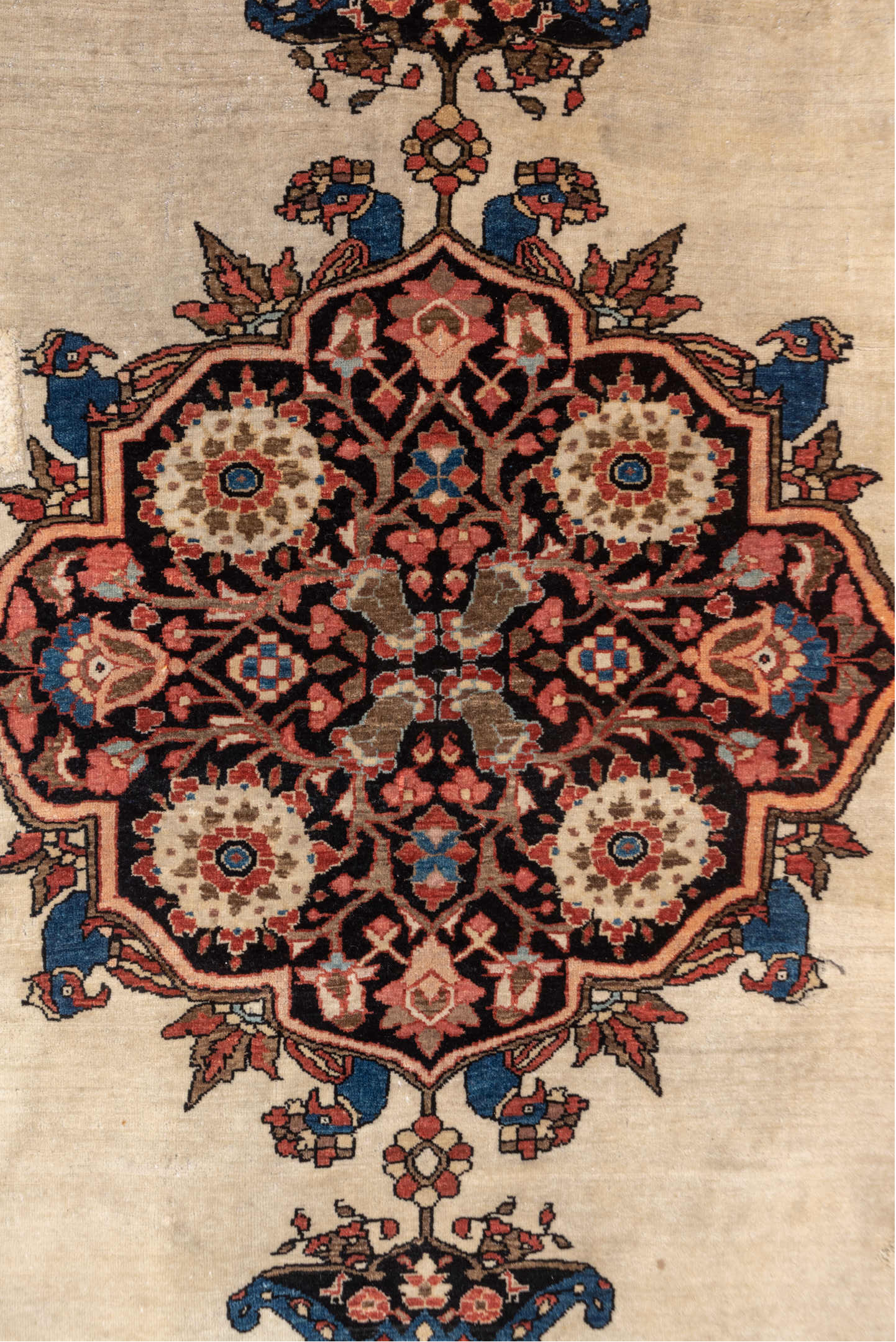 4' x 6' one-of-a-kind handmade vintage Far.Sarouk small size rug. Color palette: ivory, navy, rust, rose, burgundy, camel