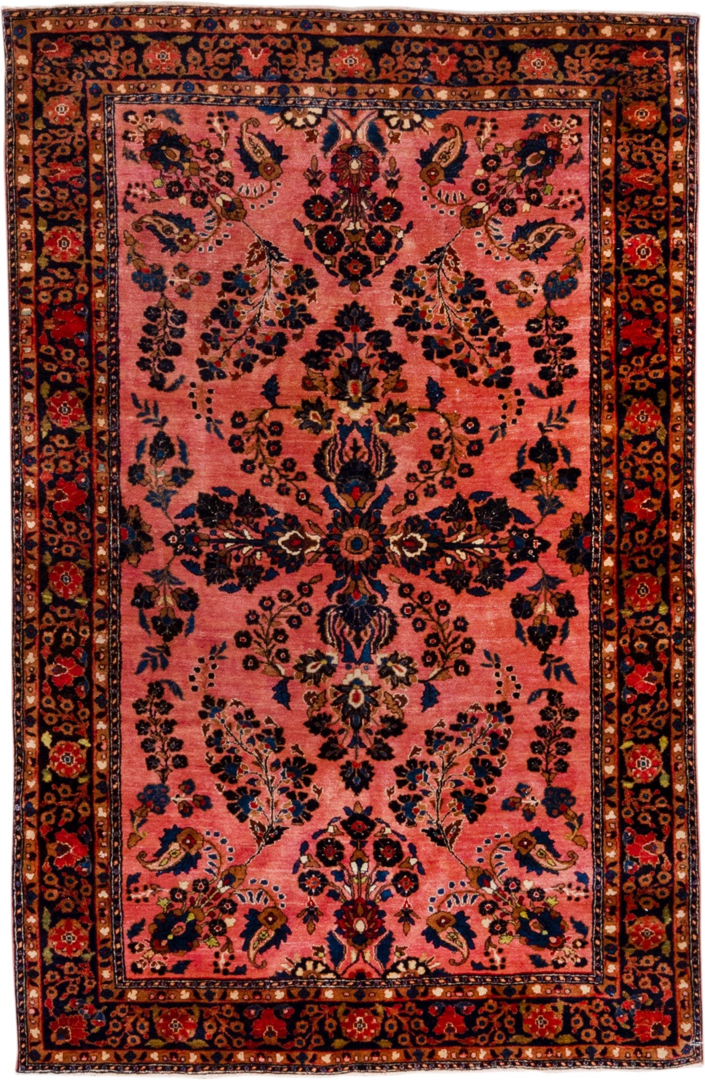 4' x 6' one-of-a-kind handmade antique Sarouk small size rug. Color palette: rose, navy, rust, ivory, coral, burgundy, gold