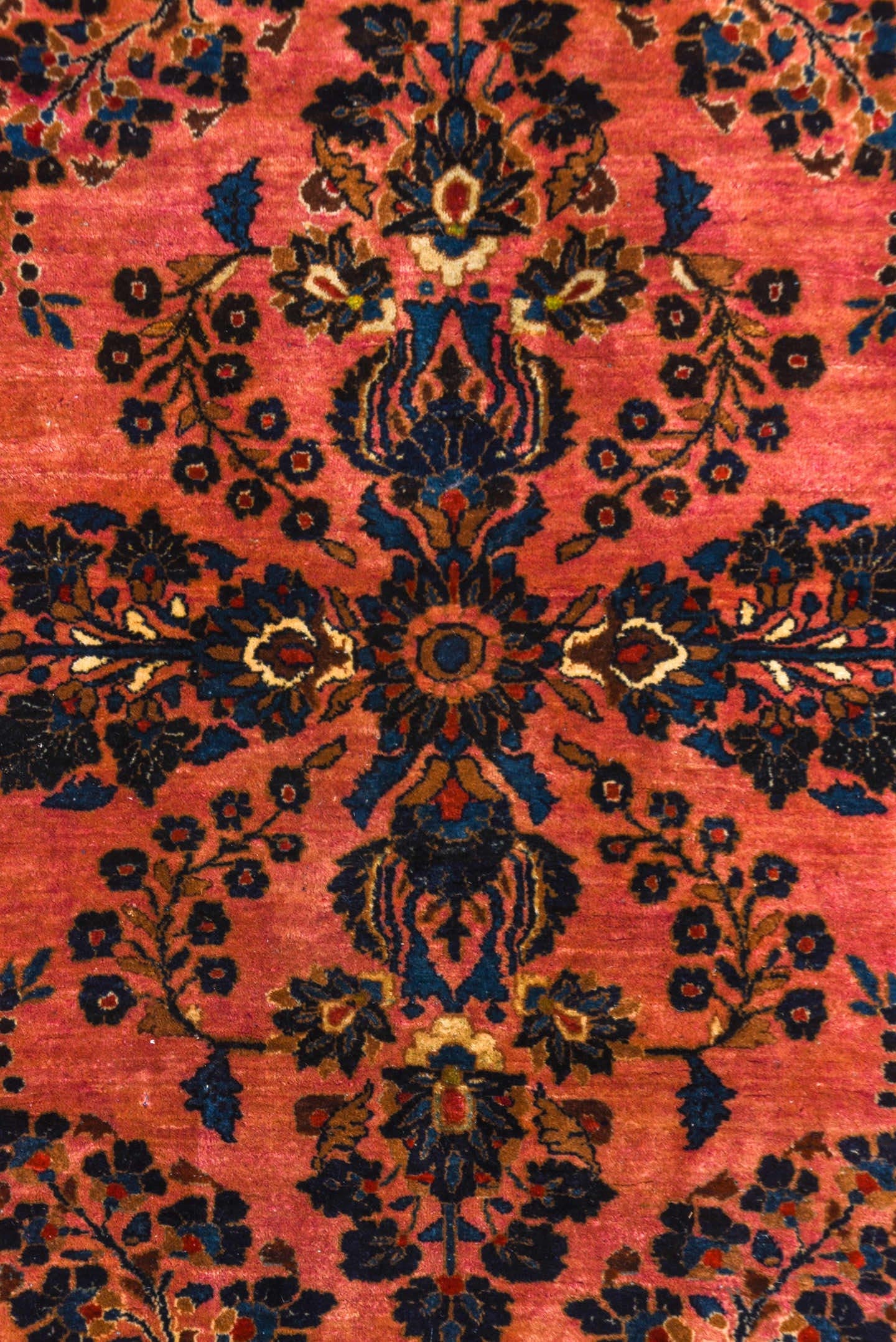 4' x 6' one-of-a-kind handmade antique Sarouk small size rug. Color palette: rose, navy, rust, ivory, coral, burgundy, gold