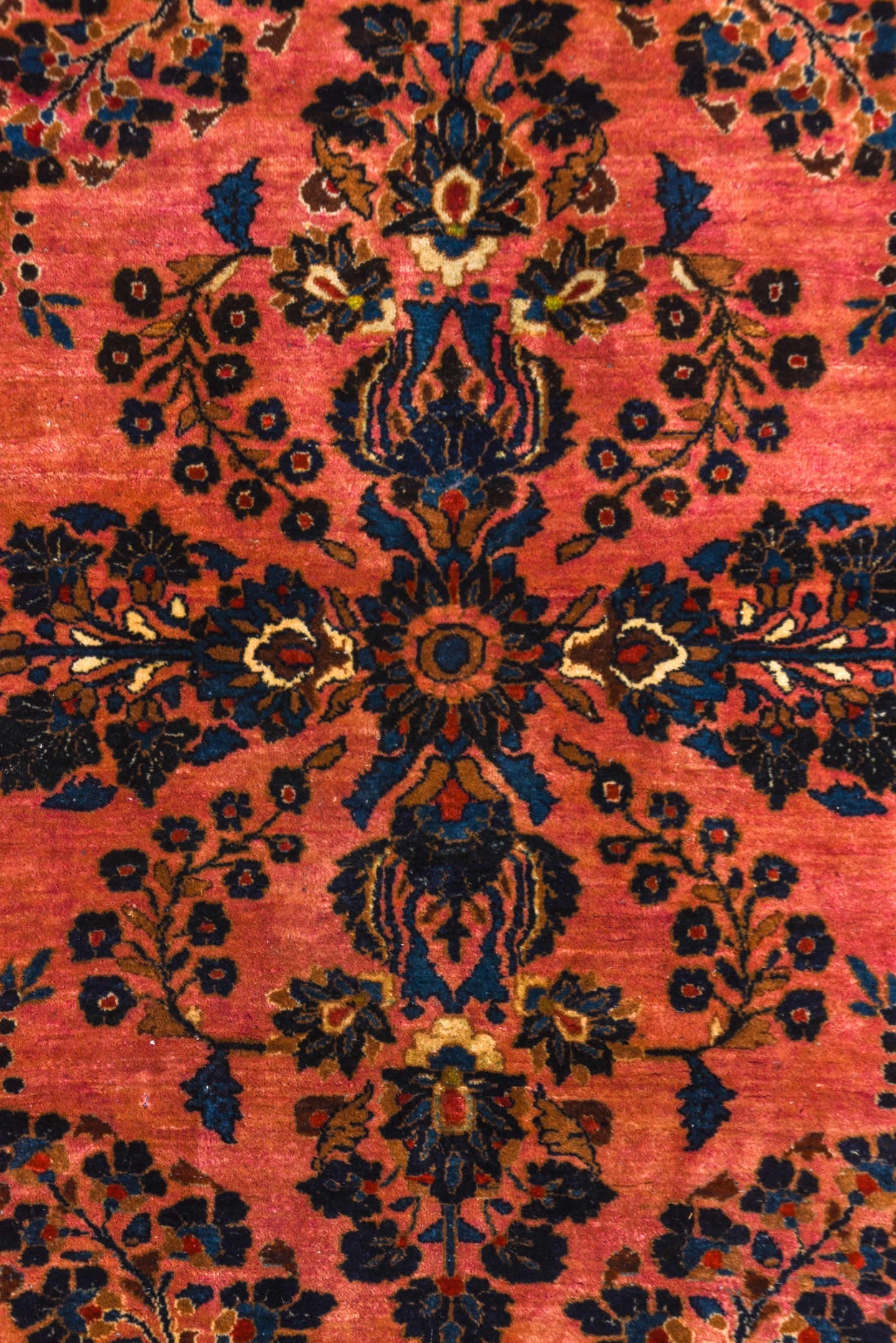 4' x 6' one-of-a-kind handmade antique Sarouk small size rug. Color palette: rose, navy, rust, ivory, coral, burgundy, gold