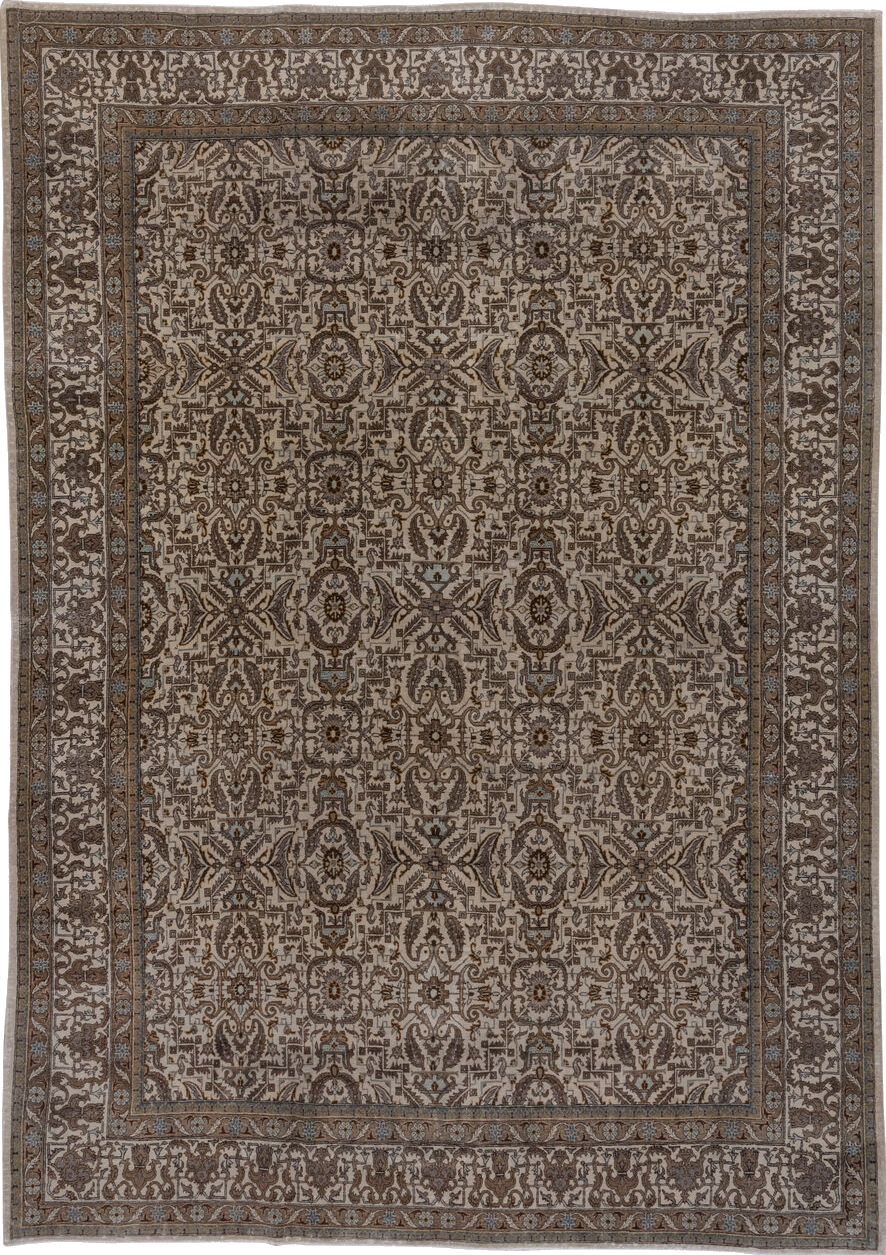 7' x 11' one-of-a-kind handmade vintage Tabriz large size rug. Color palette: brown, gray, pink