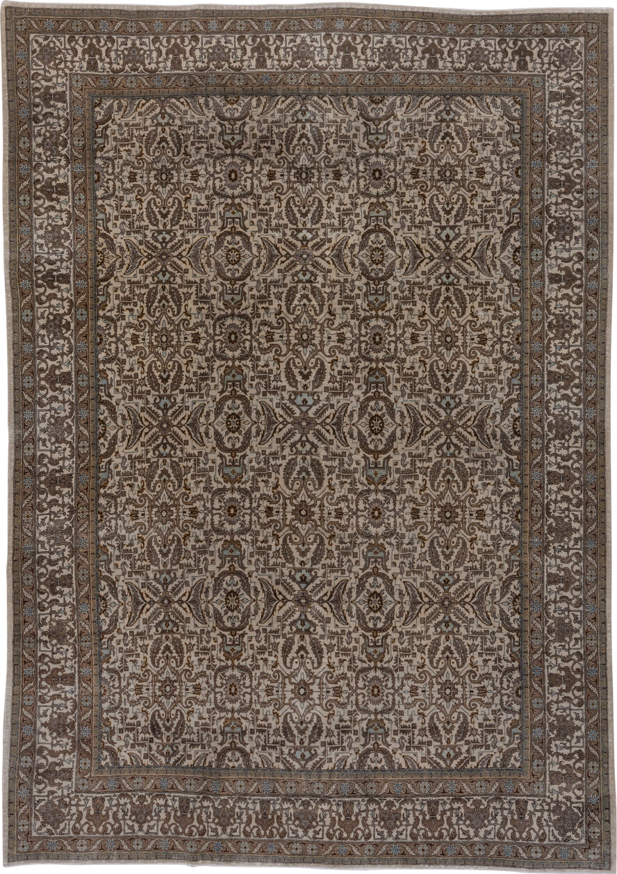 7' x 11' one-of-a-kind handmade vintage Tabriz large size rug. Color palette: brown, gray, pink