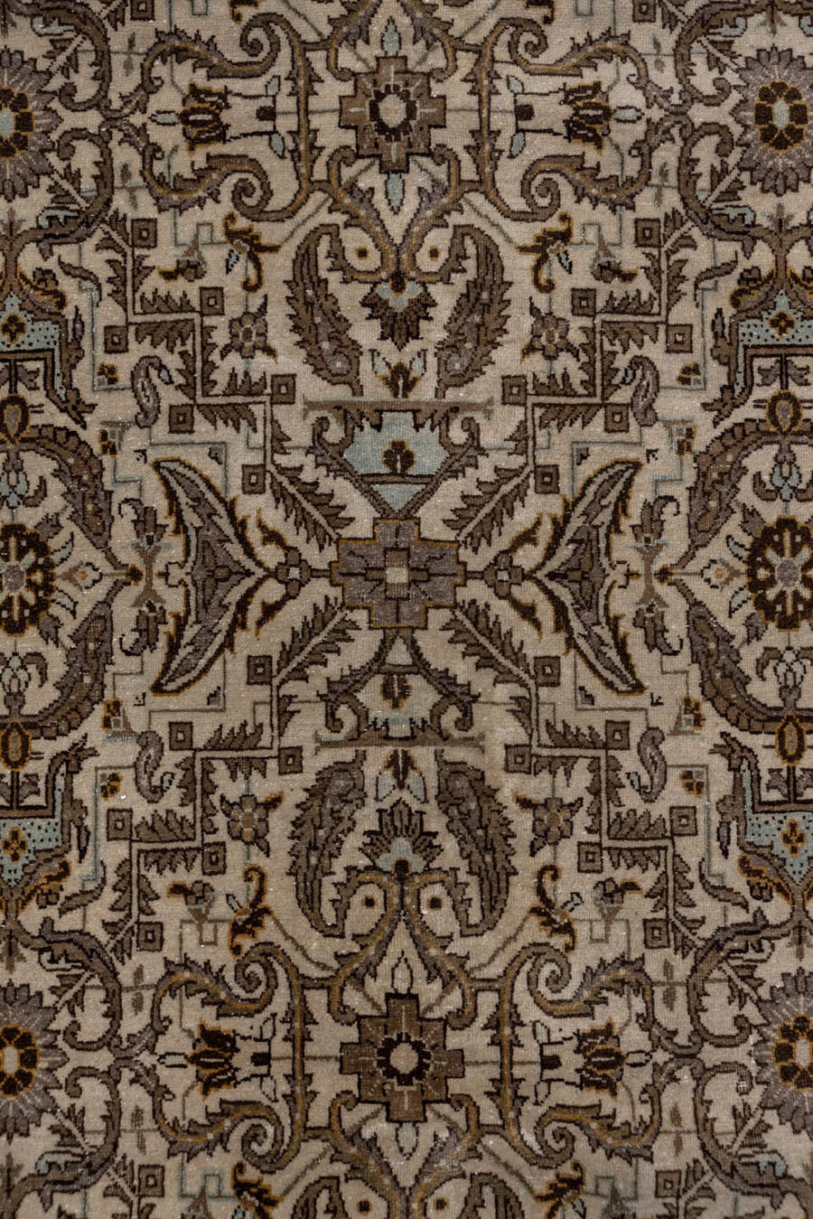 7' x 11' one-of-a-kind handmade antique Tabriz large size rug. Color palette: ivory, taupe, brown, camel, slate, soft_blue