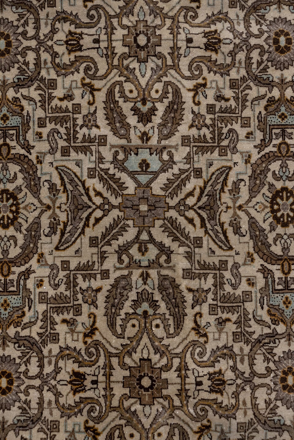7' x 11' one-of-a-kind handmade antique Tabriz large size rug. Color palette: ivory, taupe, brown, camel, slate, soft_blue