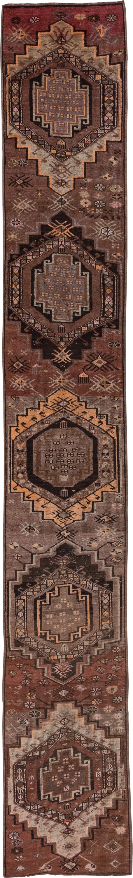 2' x 14' one-of-a-kind handmade antique Kars runner rug. Color palette: brown, taupe, rust, charcoal, camel, ivory