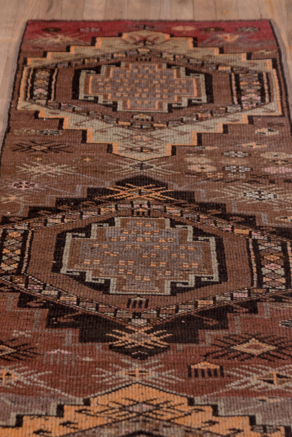 2' x 14' one-of-a-kind handmade antique Kars runner rug. Color palette: brown, taupe, rust, charcoal, camel, ivory