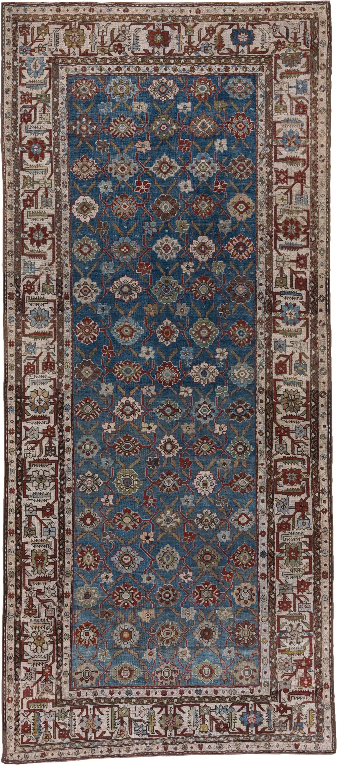 6' x 14' one-of-a-kind handmade antique Karabagh large size rug. Color palette: blue, ivory, rust, slate, sage, taupe, brown