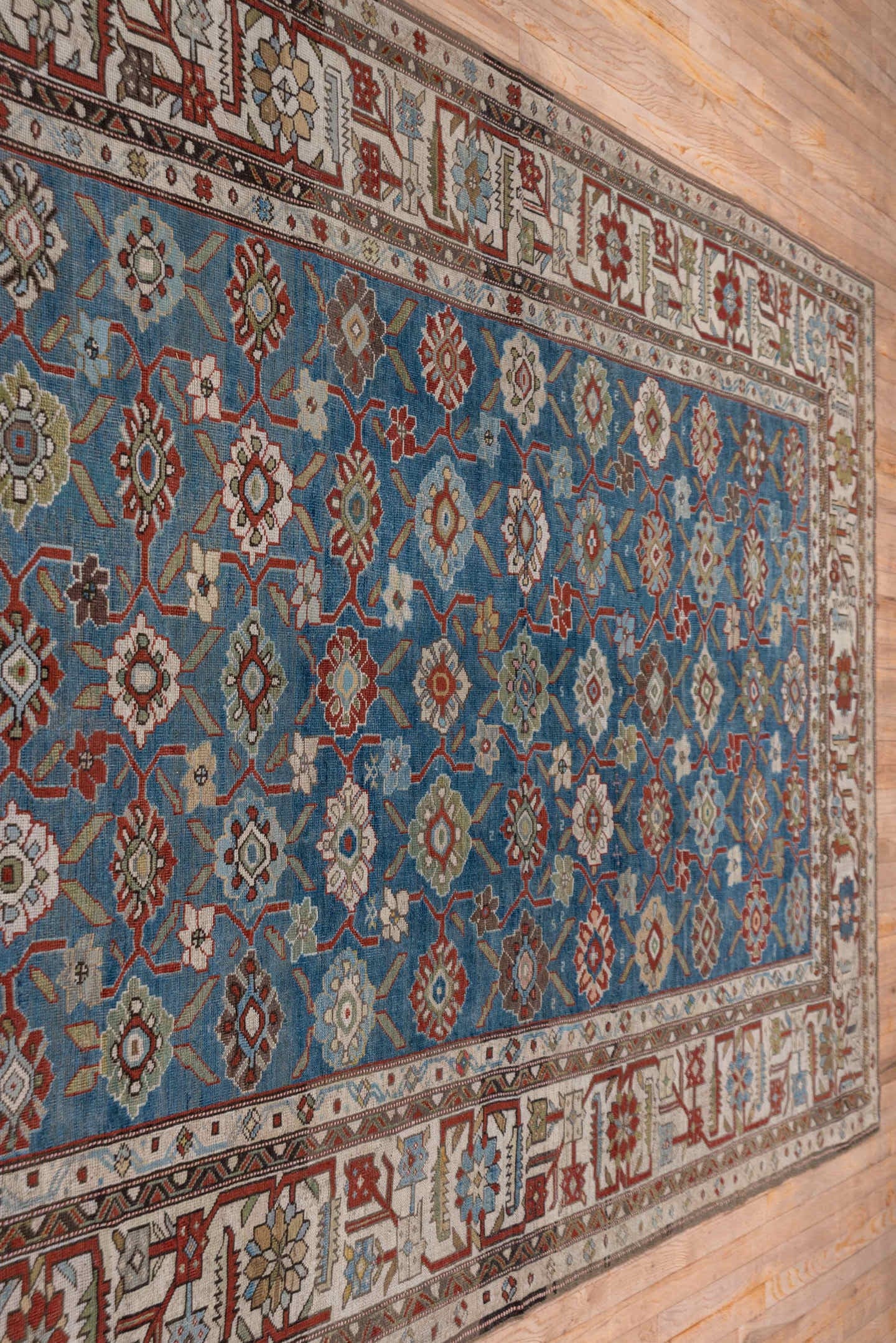6' x 14' one-of-a-kind handmade antique Karabagh large size rug. Color palette: blue, ivory, rust, slate, sage, taupe, brown