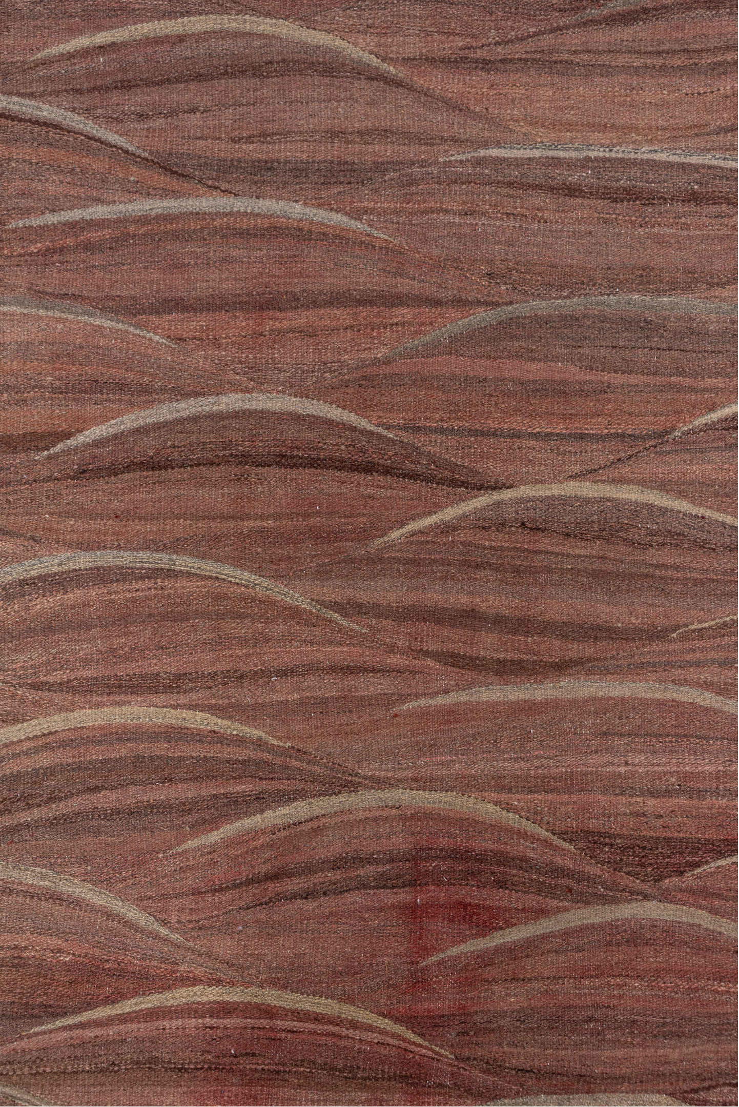 8' x 9' one-of-a-kind handmade vintage Kilim rug. Color palette: brown, taupe, camel, rose, charcoal, ivory, beige, gray