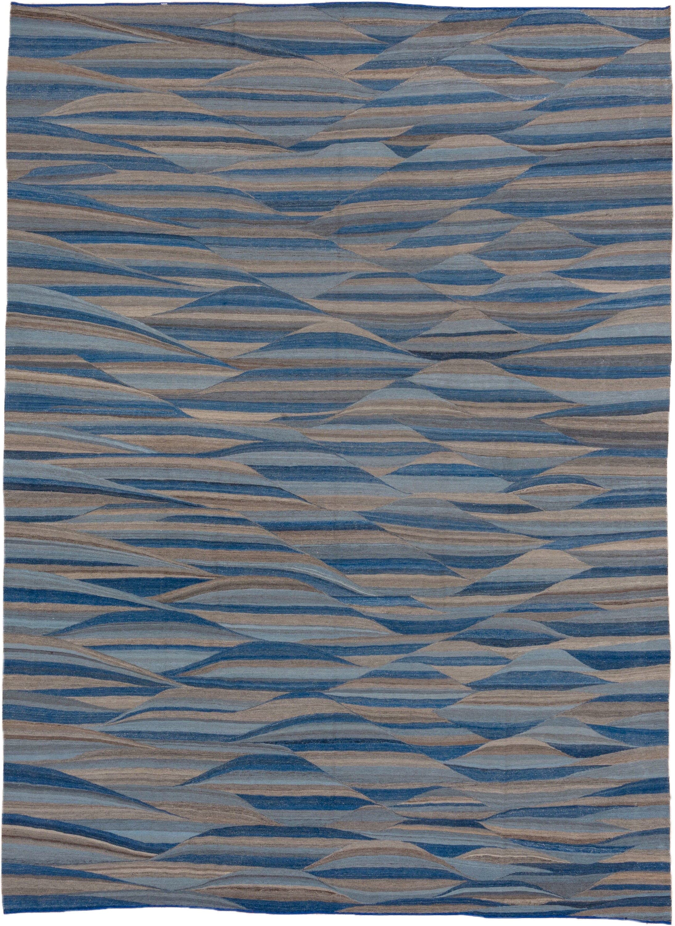 8' x 11' one-of-a-kind handmade vintage Kilim large size rug. Color palette: blue, taupe, sky blue, slate, ivory, beige