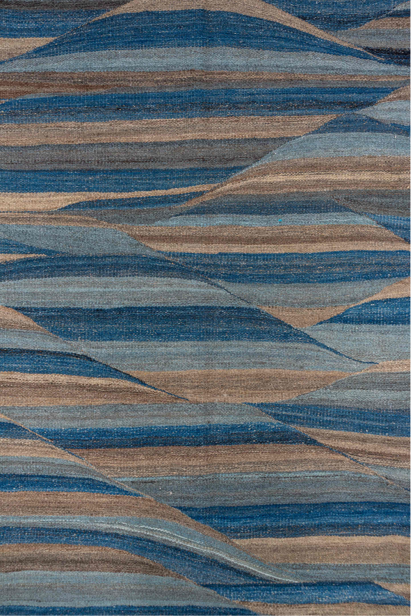 8' x 11' one-of-a-kind handmade vintage Kilim large size rug. Color palette: blue, taupe, sky blue, slate, ivory, beige