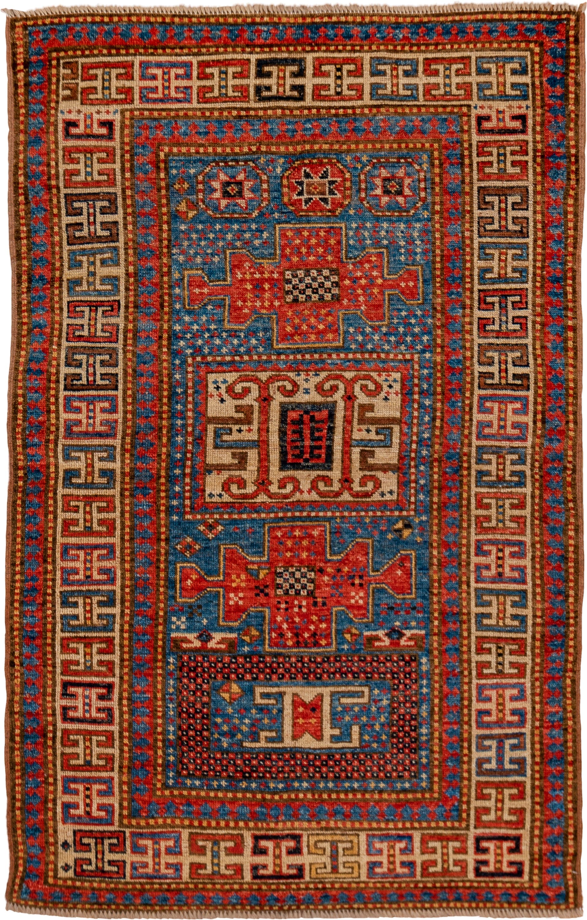 4' x 6' one-of-a-kind handmade vintage Kazak small size rug. Color palette: blue, ivory, red, camel, navy, brown, black