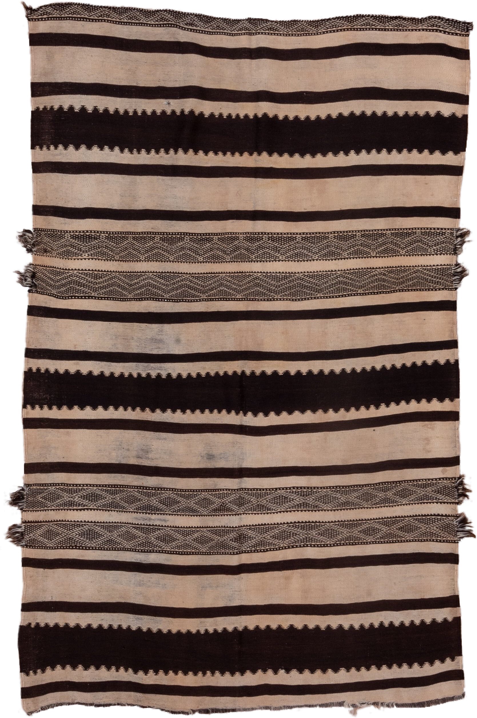 5' x 8' one-of-a-kind handmade vintage Kilim medium size rug. Color palette: ivory, espresso, taupe, charcoal, brown, black