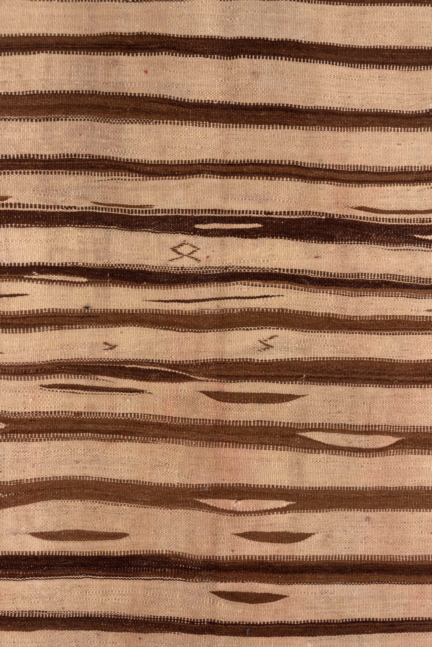 4' x 9' one-of-a-kind handmade vintage Kilim runner rug. Color palette: tan, brown, camel, taupe, ivory, beige, gray